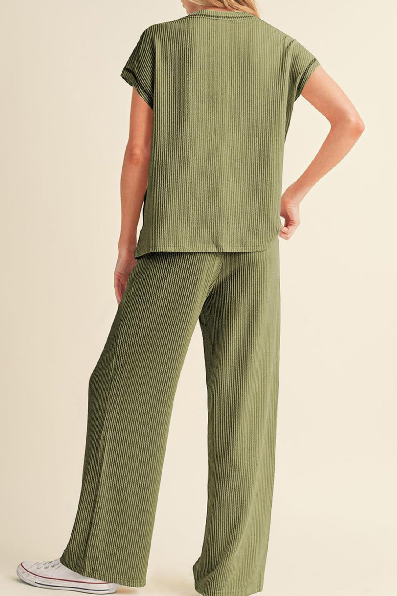 Ribbed T-shirt Wide Leg Long Pants Set