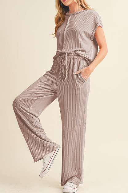 Ribbed T-shirt Wide Leg Long Pants Set