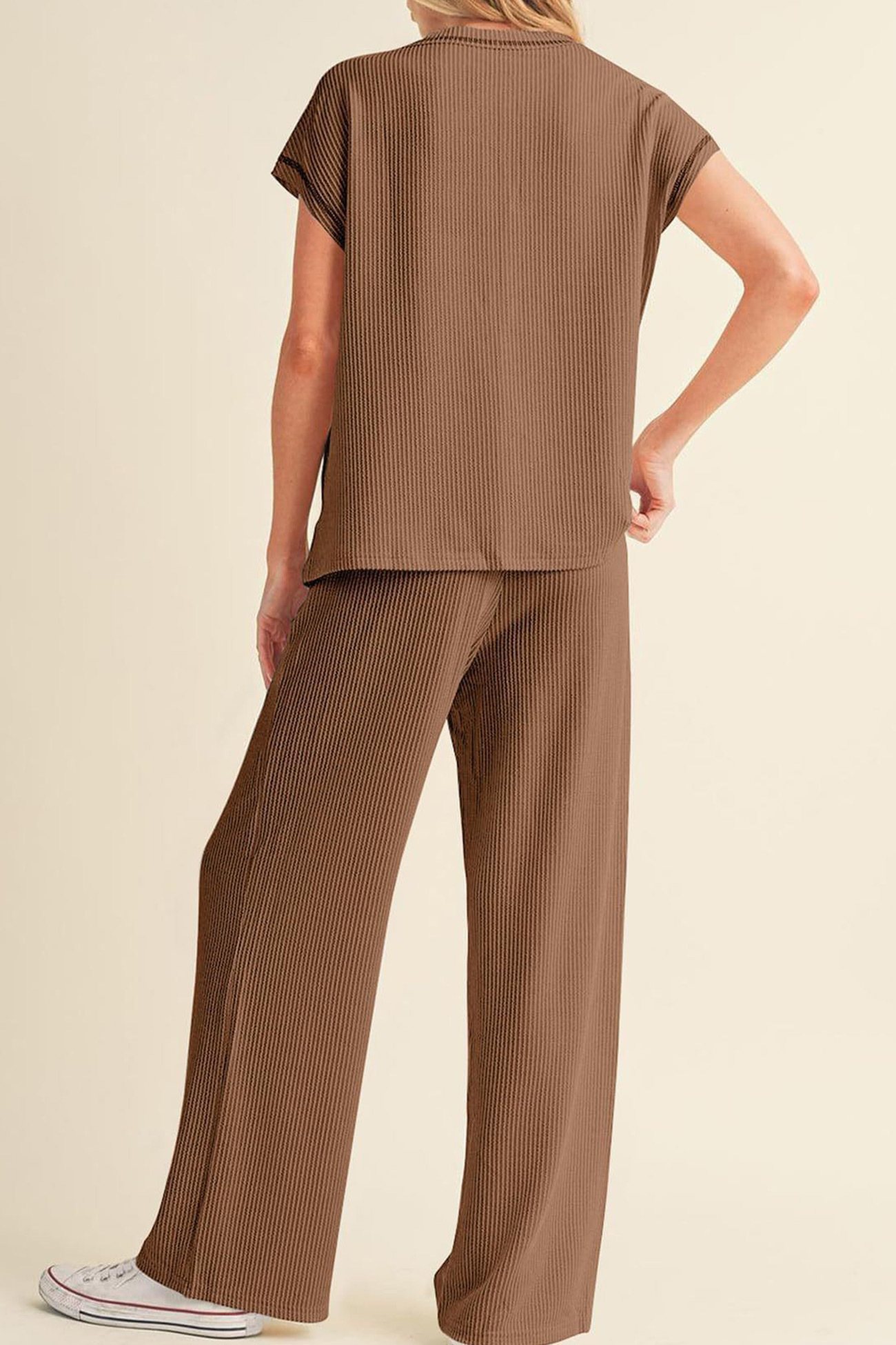 Ribbed T-shirt Wide Leg Long Pants Set