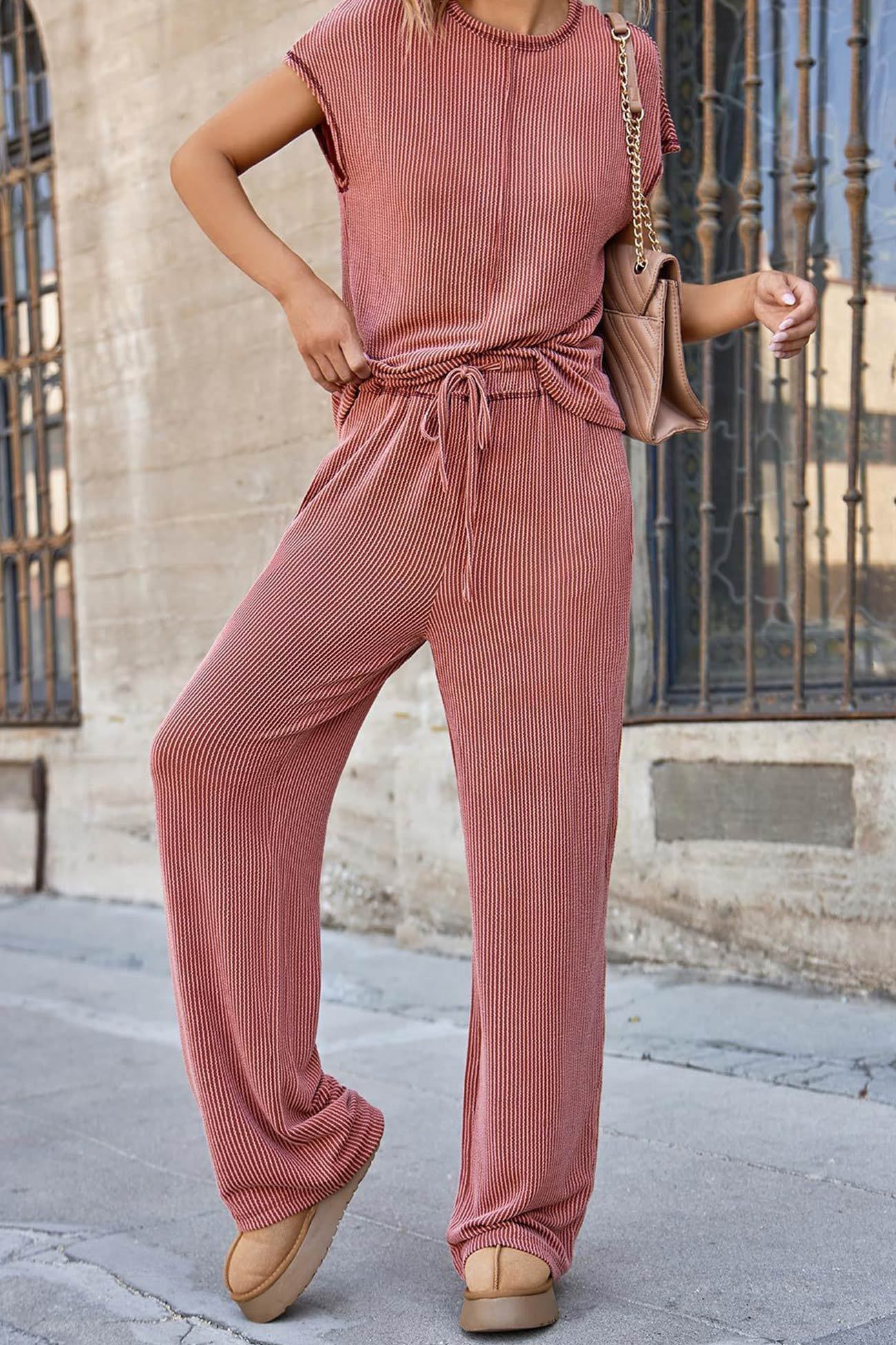 Ribbed T-shirt Wide Leg Long Pants Set