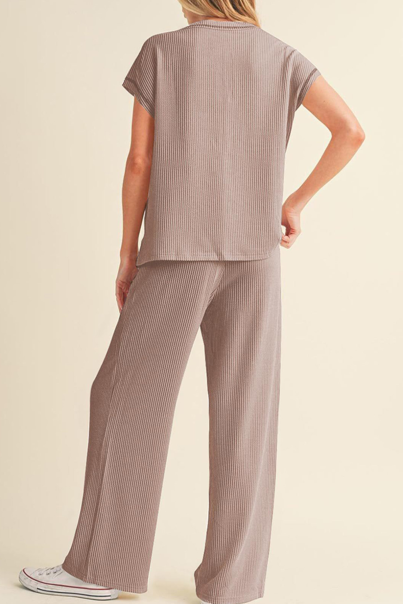 Ribbed T-shirt Wide Leg Long Pants Set