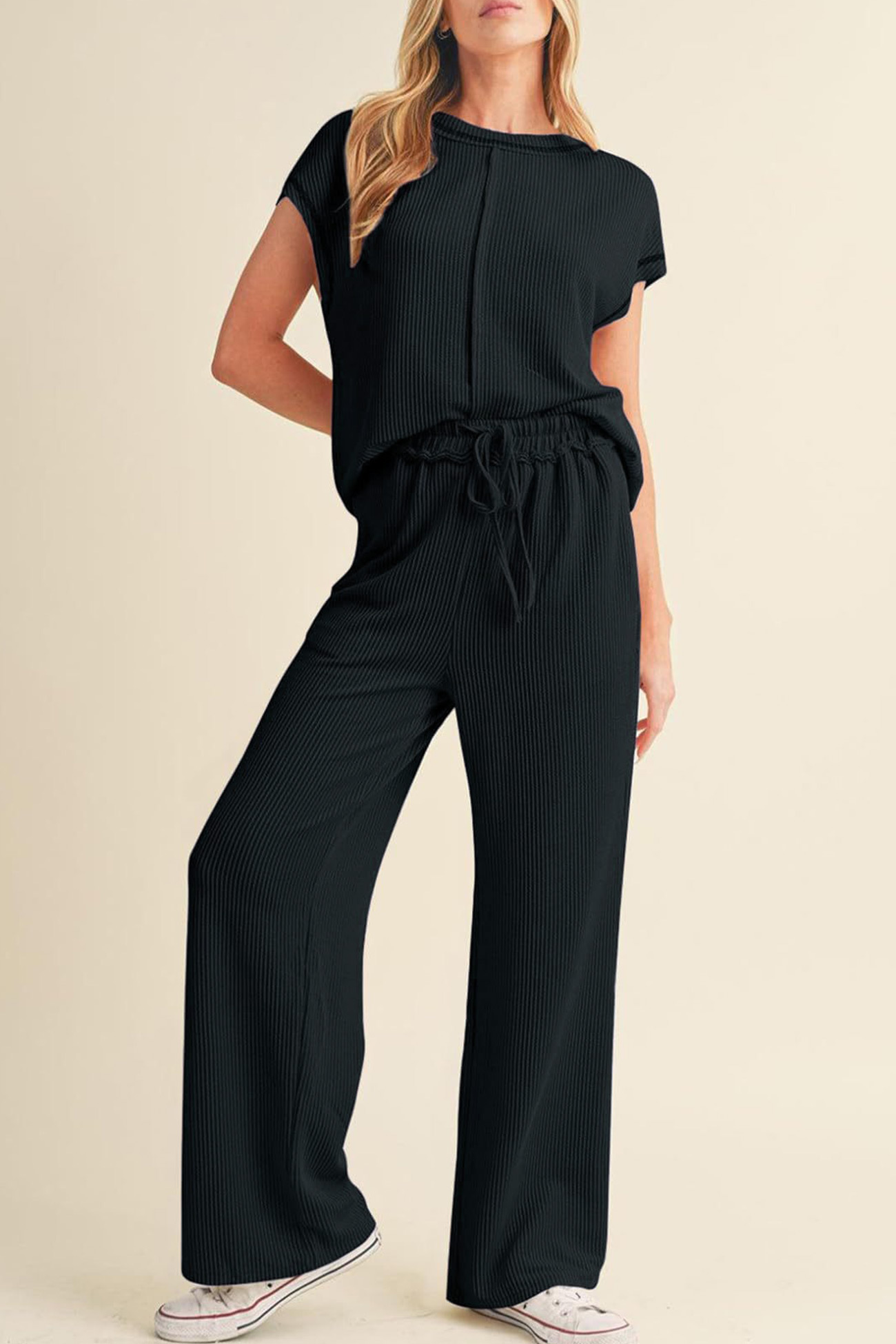 Ribbed T-shirt Wide Leg Long Pants Set