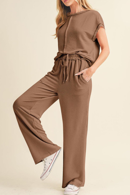 Ribbed T-shirt Wide Leg Long Pants Set