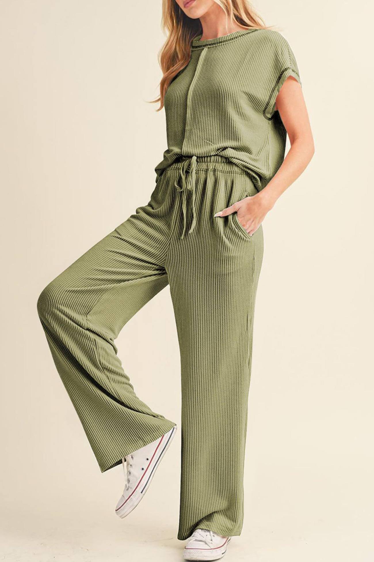 Ribbed T-shirt Wide Leg Long Pants Set