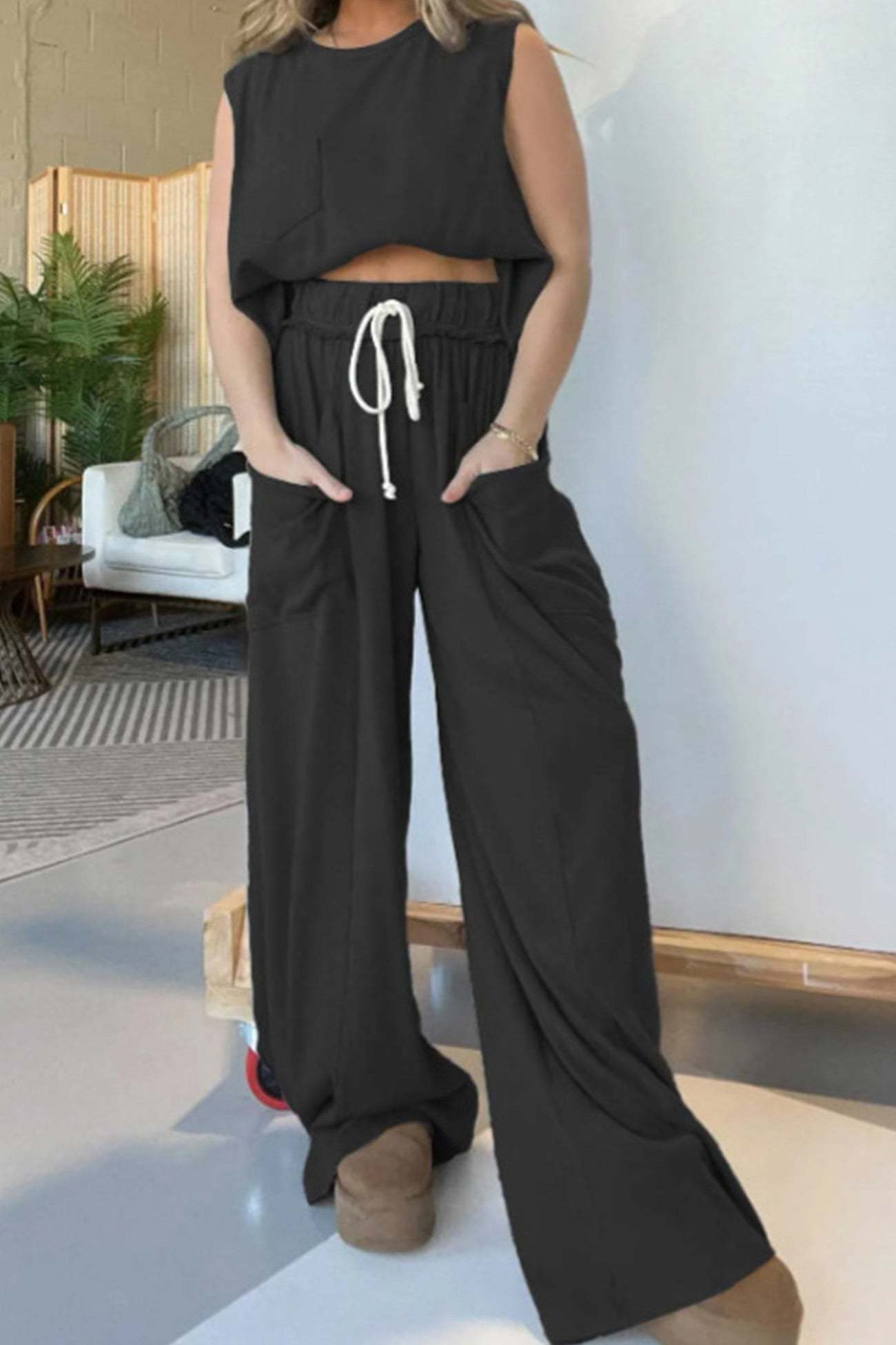 Ribbed Tank Top Wide Leg Pants Set