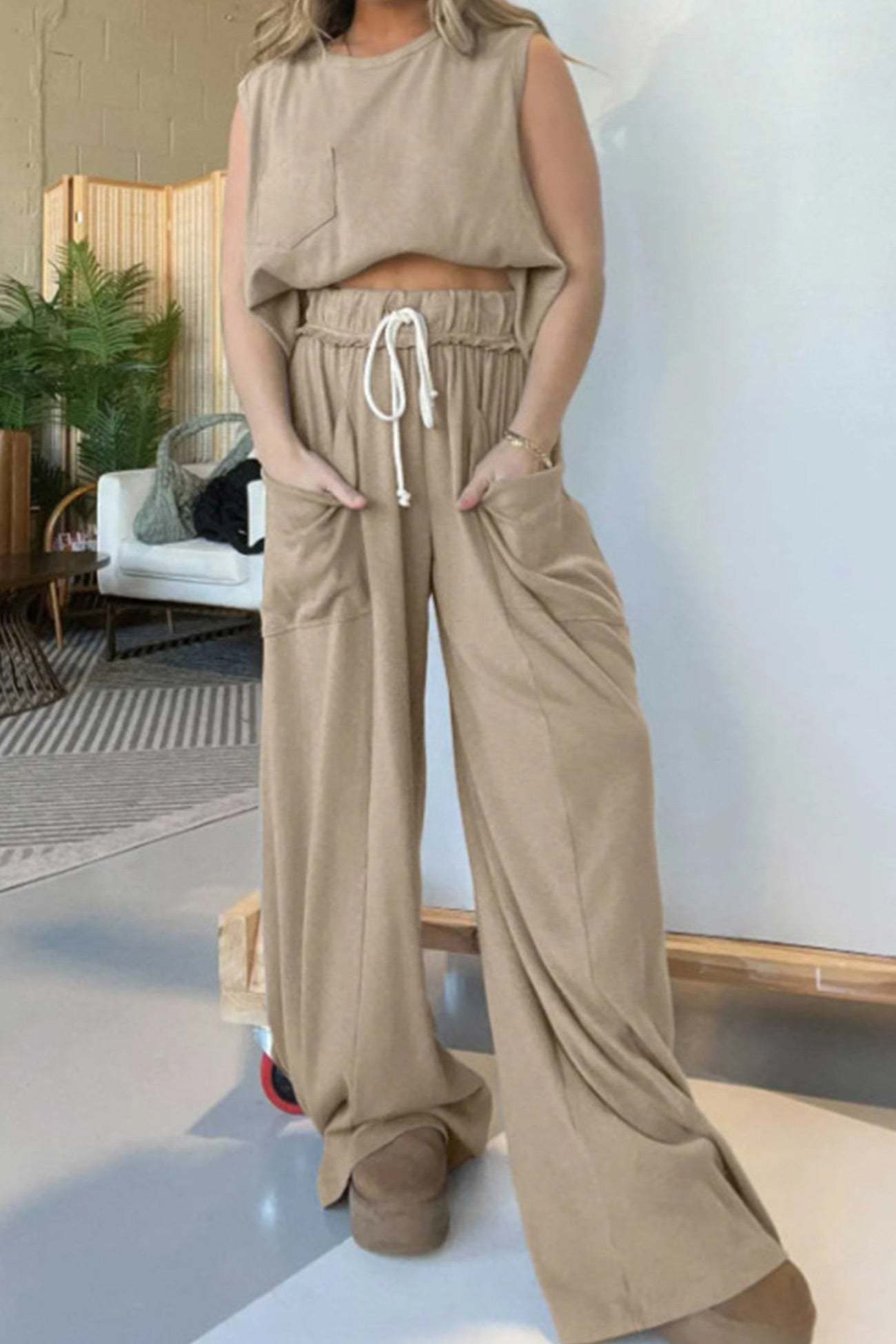 Ribbed Tank Top Wide Leg Pants Set