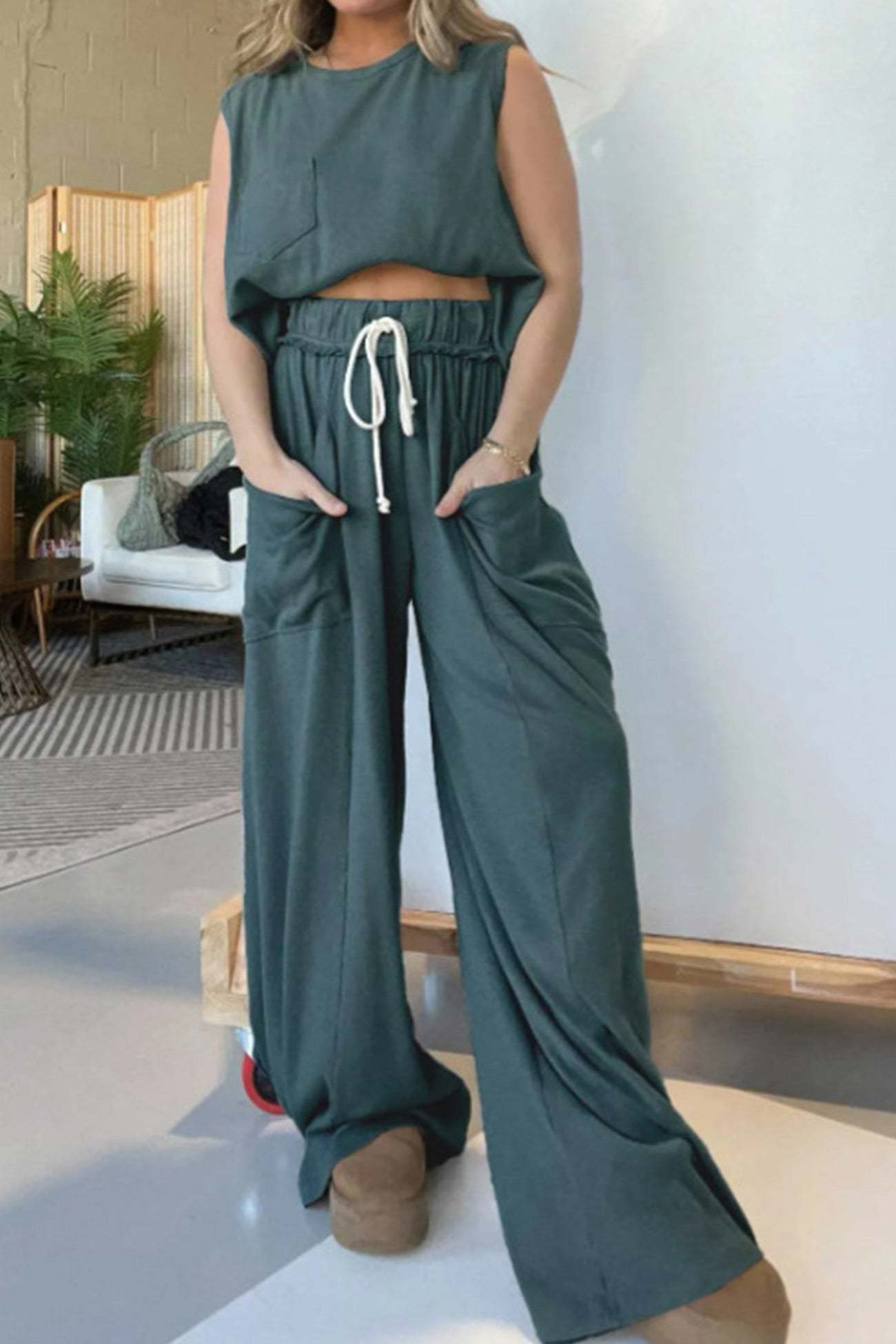 Ribbed Tank Top Wide Leg Pants Set