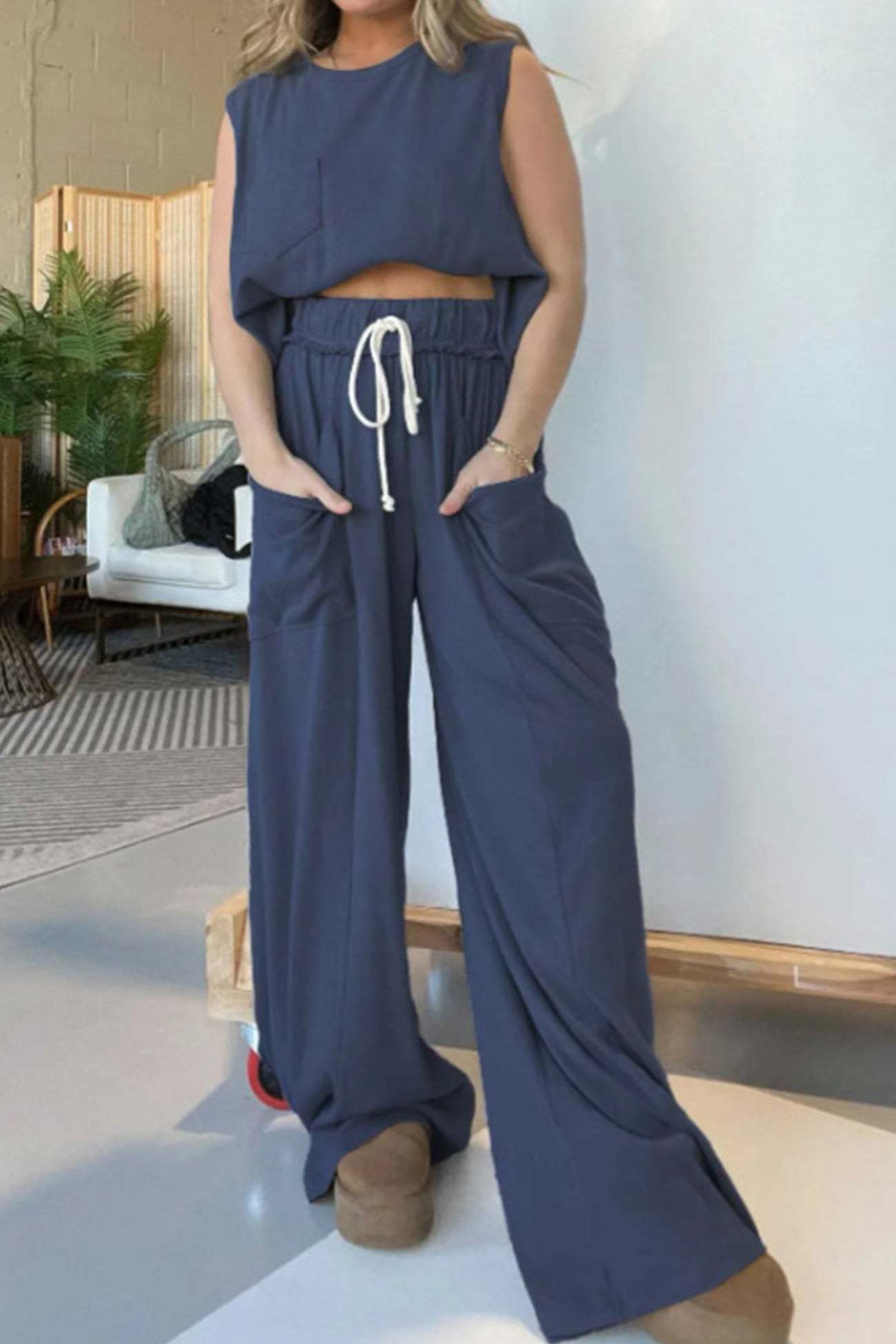 Ribbed Tank Top Wide Leg Pants Set