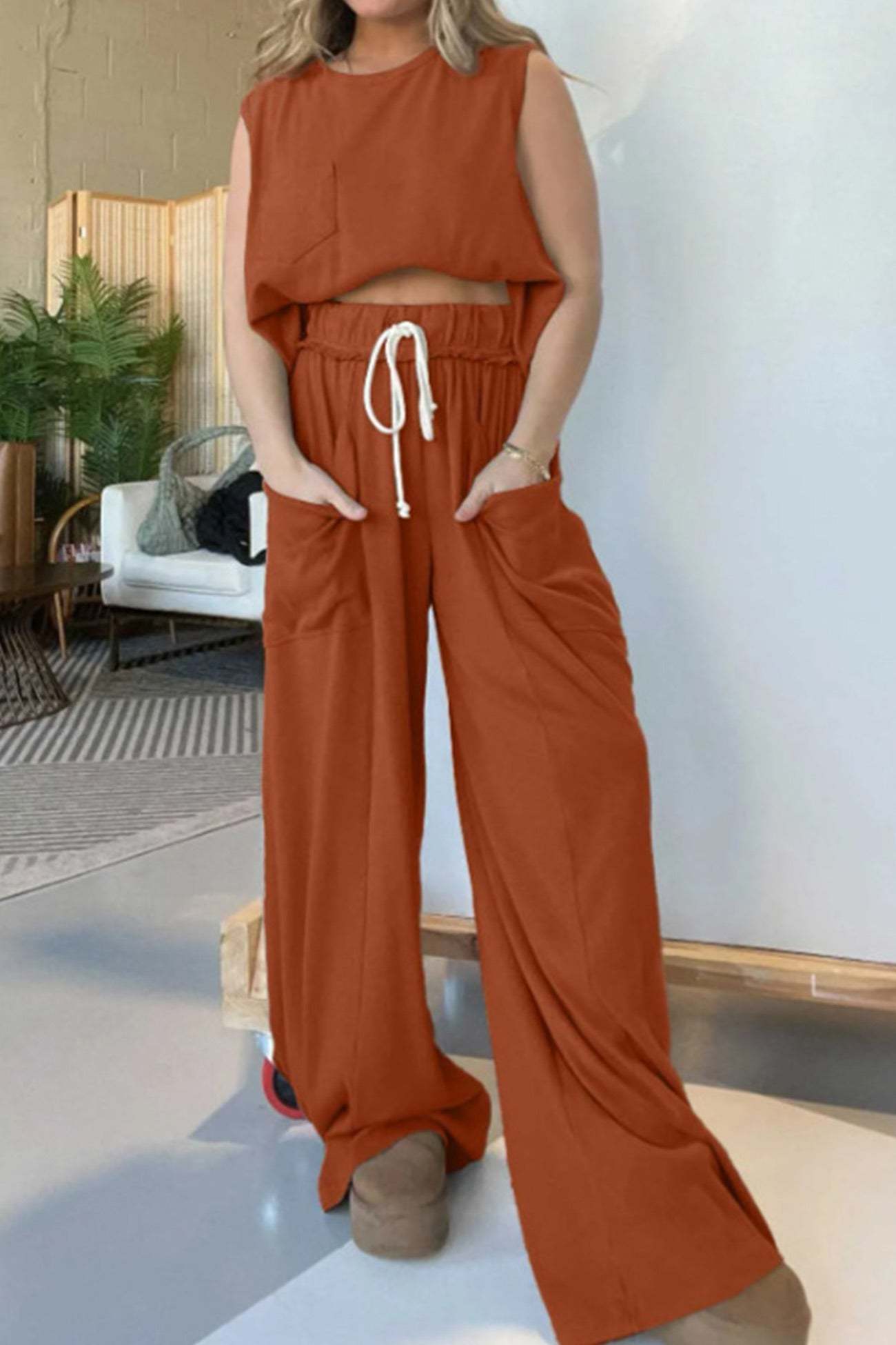 Ribbed Tank Top Wide Leg Pants Set