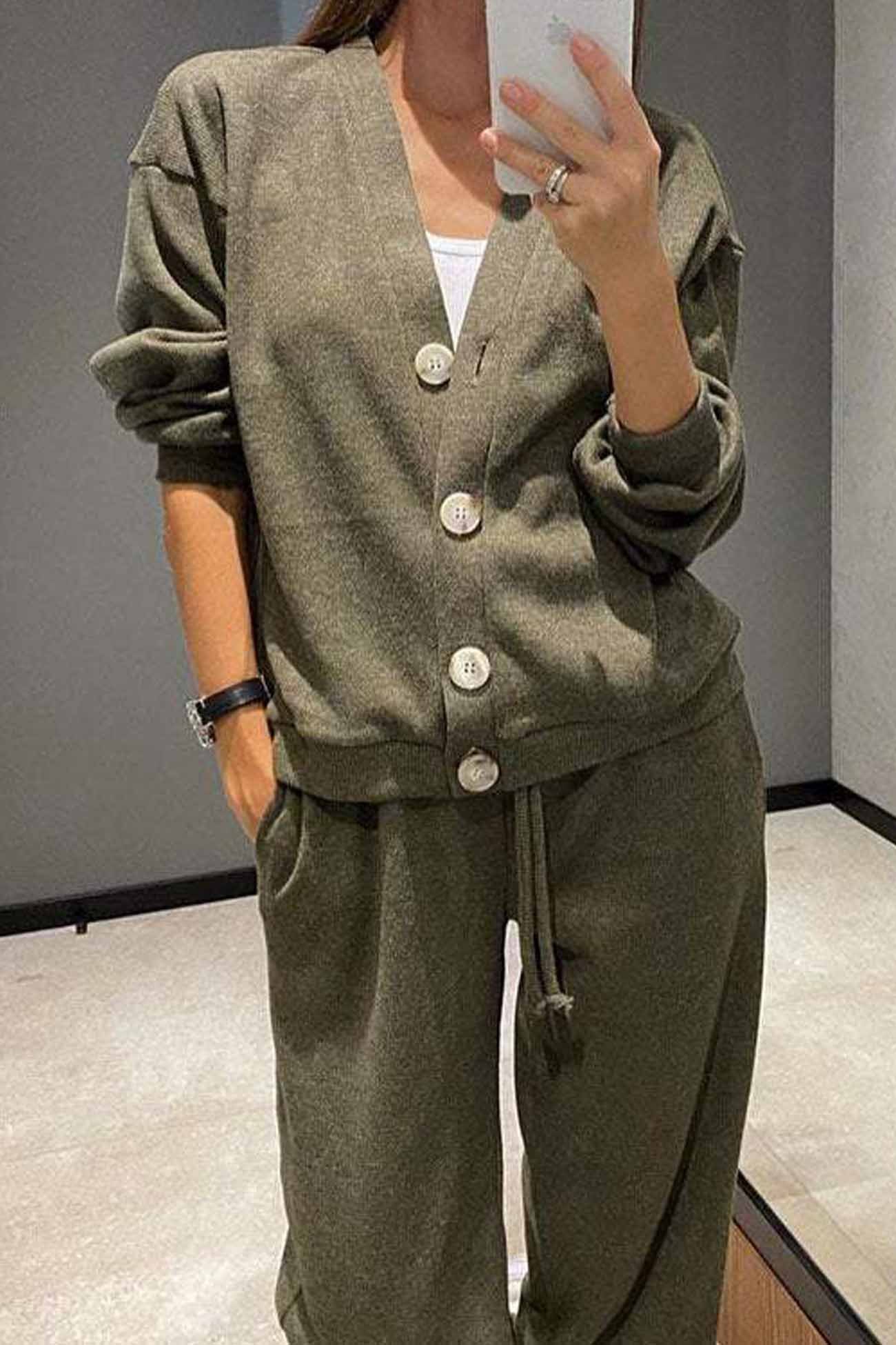 Solid Color Button Down Cardigan Long Pants Set