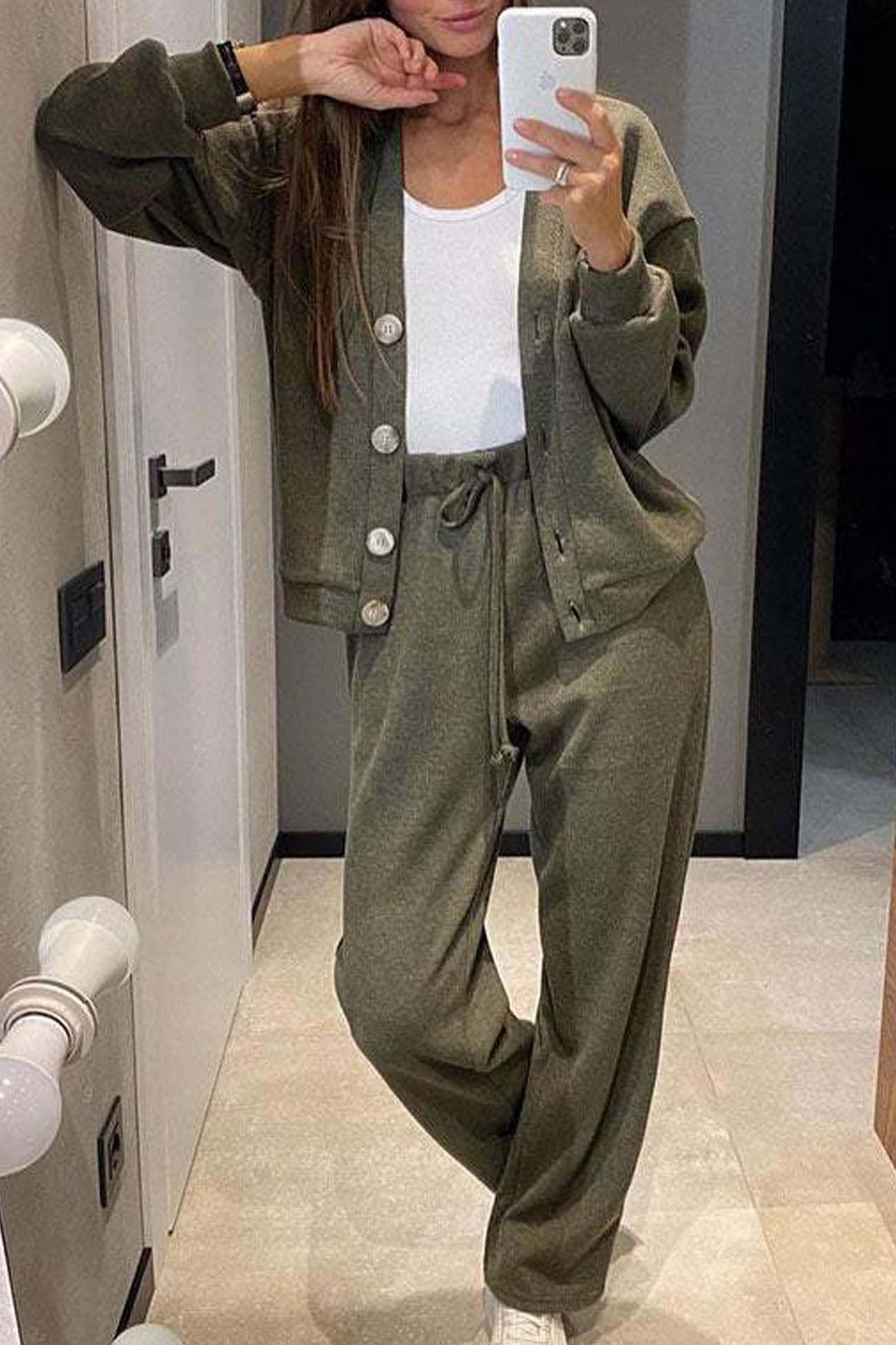 Solid Color Button Down Cardigan Long Pants Set
