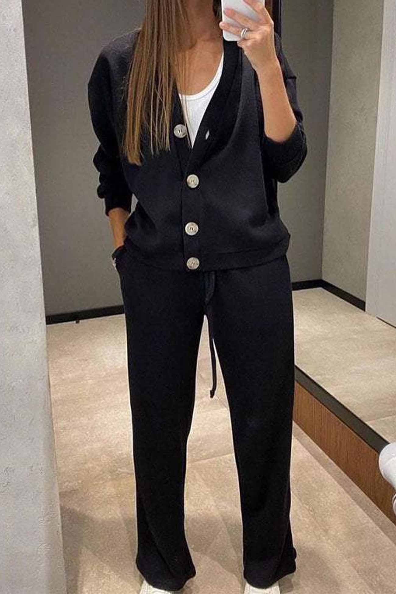 Solid Color Button Down Cardigan Long Pants Set