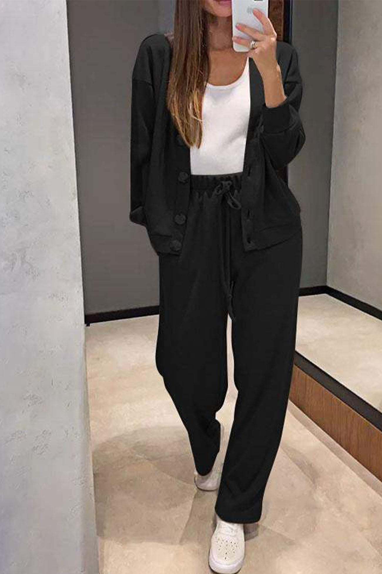 Solid Color Button Down Cardigan Long Pants Set