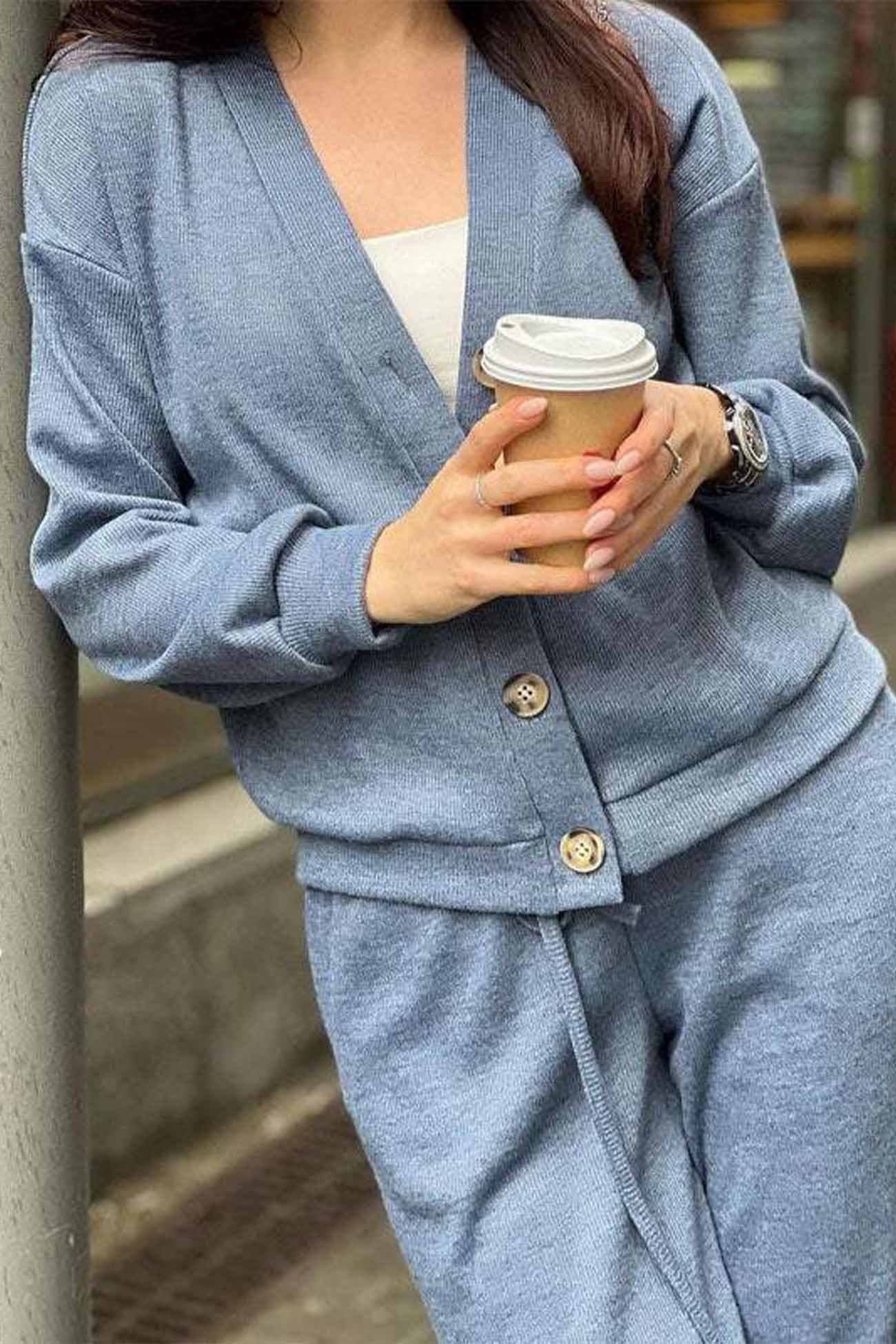 Solid Color Button Down Cardigan Long Pants Set