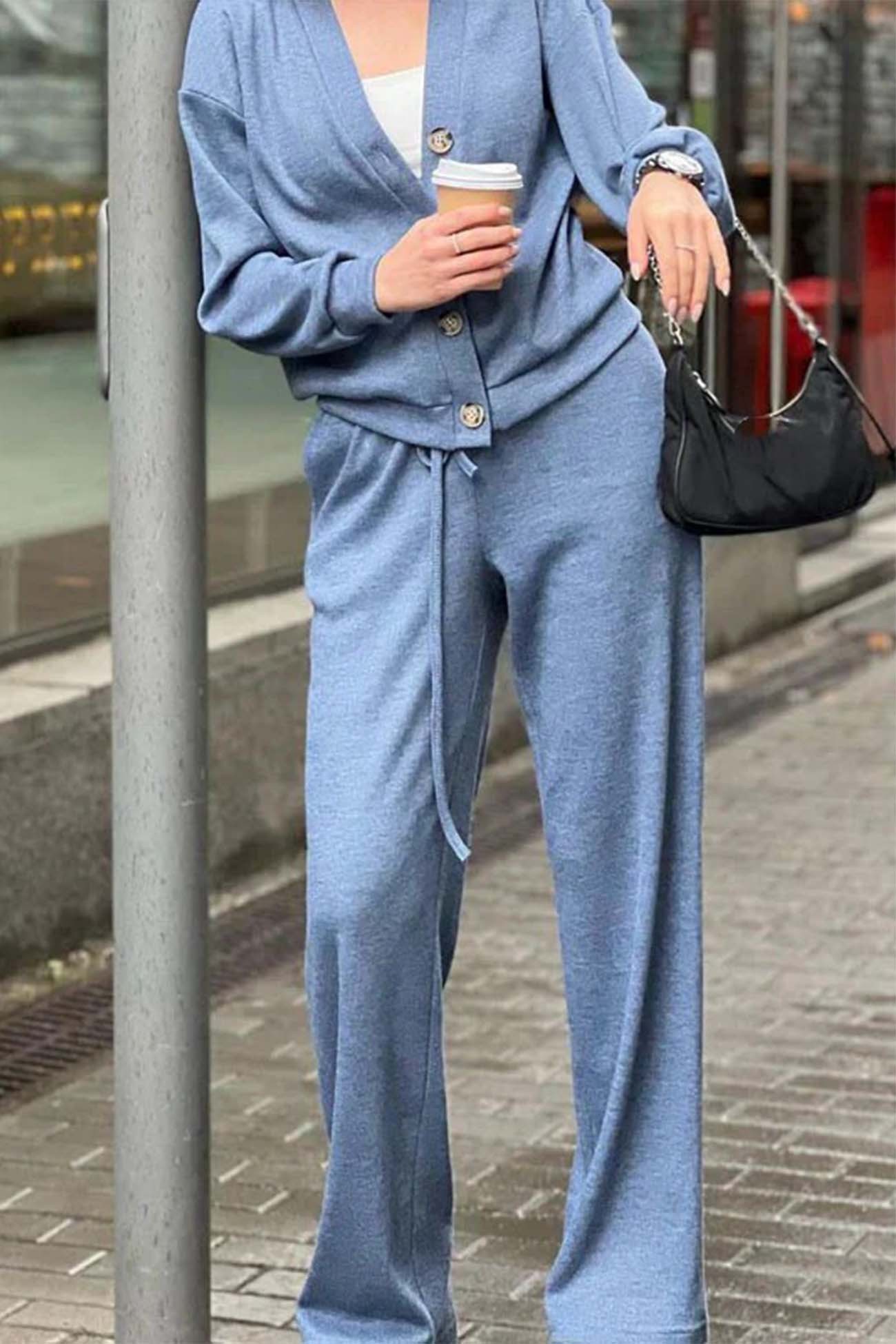 Solid Color Button Down Cardigan Long Pants Set