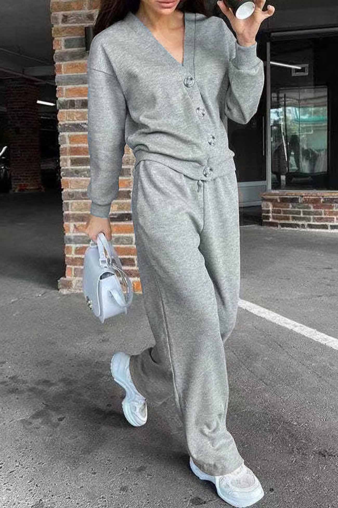 Solid Color Button Down Cardigan Long Pants Set