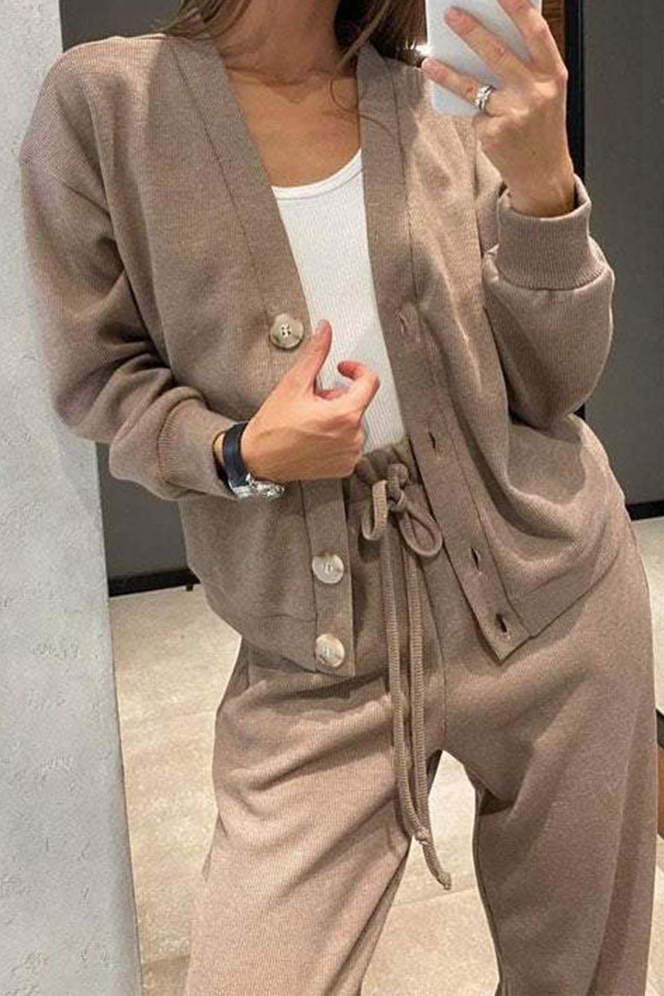 Solid Color Button Down Cardigan Long Pants Set