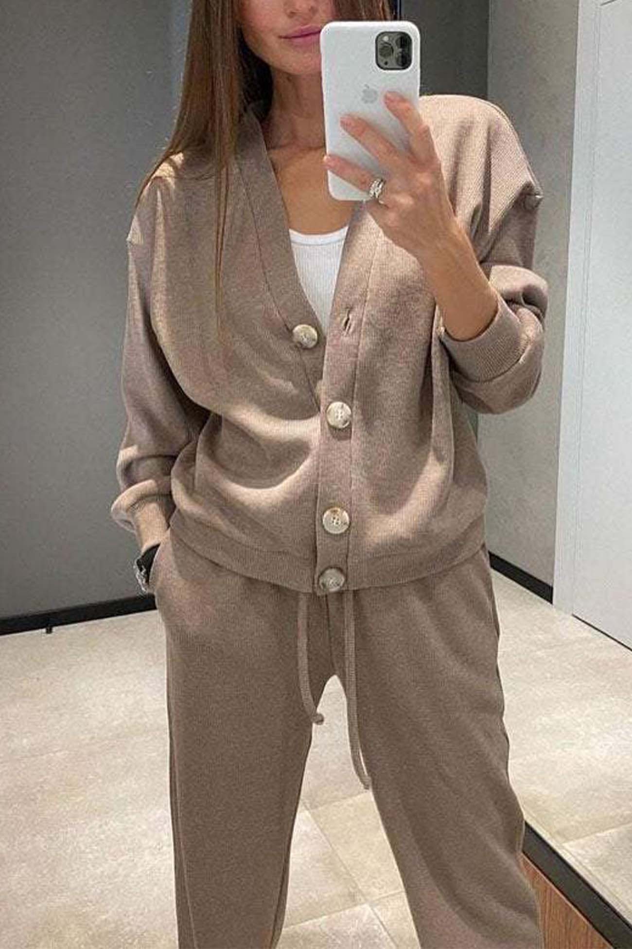 Solid Color Button Down Cardigan Long Pants Set