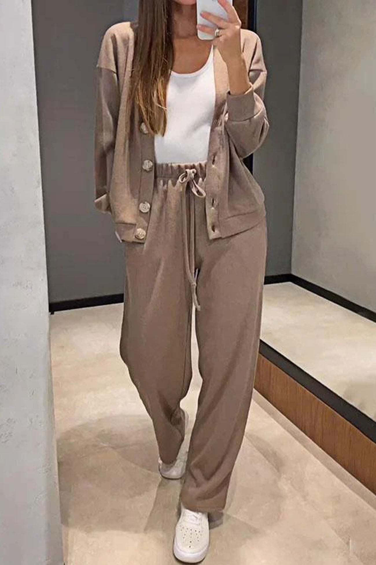 Solid Color Button Down Cardigan Long Pants Set