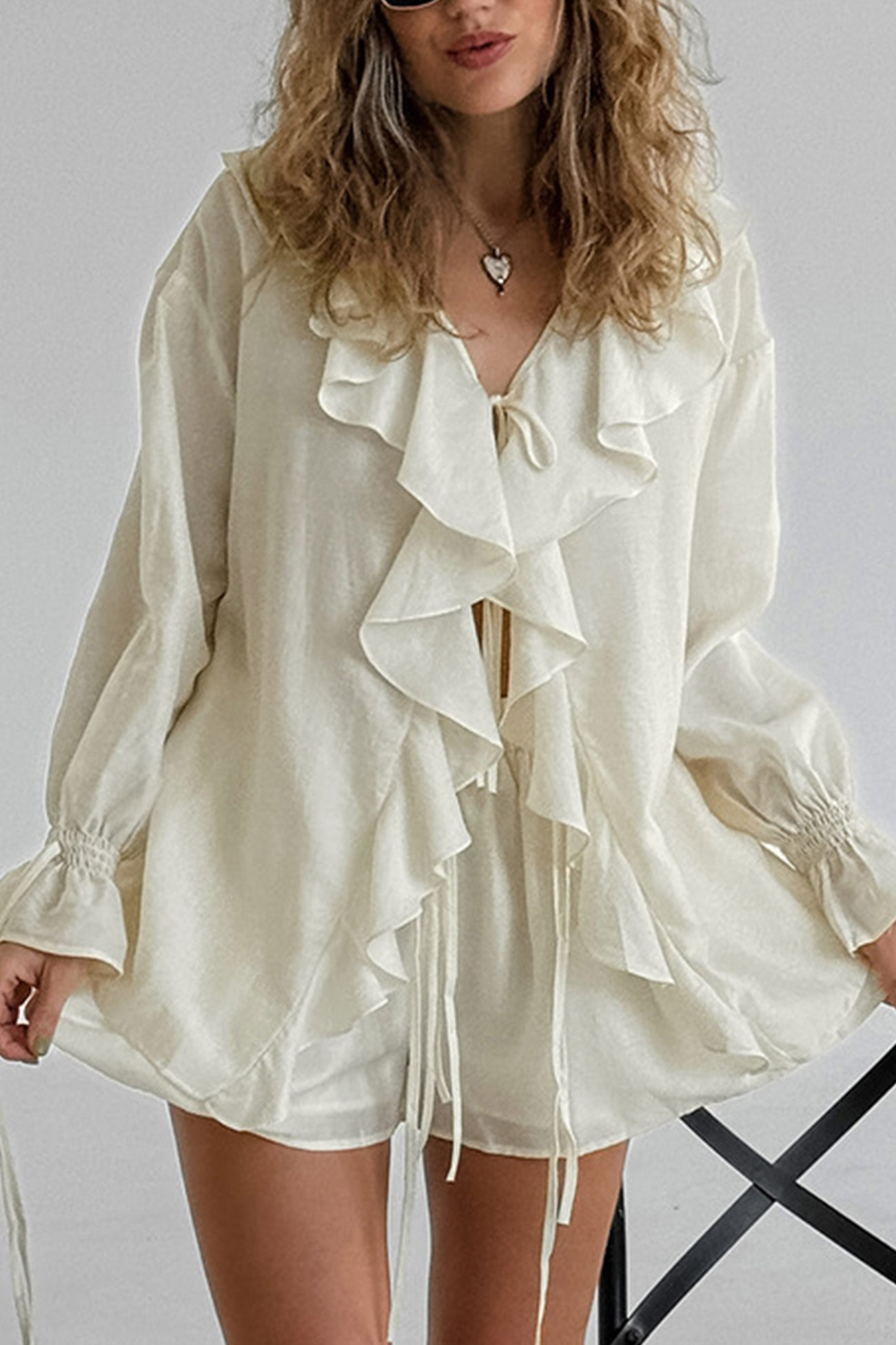 Ruffle Tie-up Sweet Shirt Set