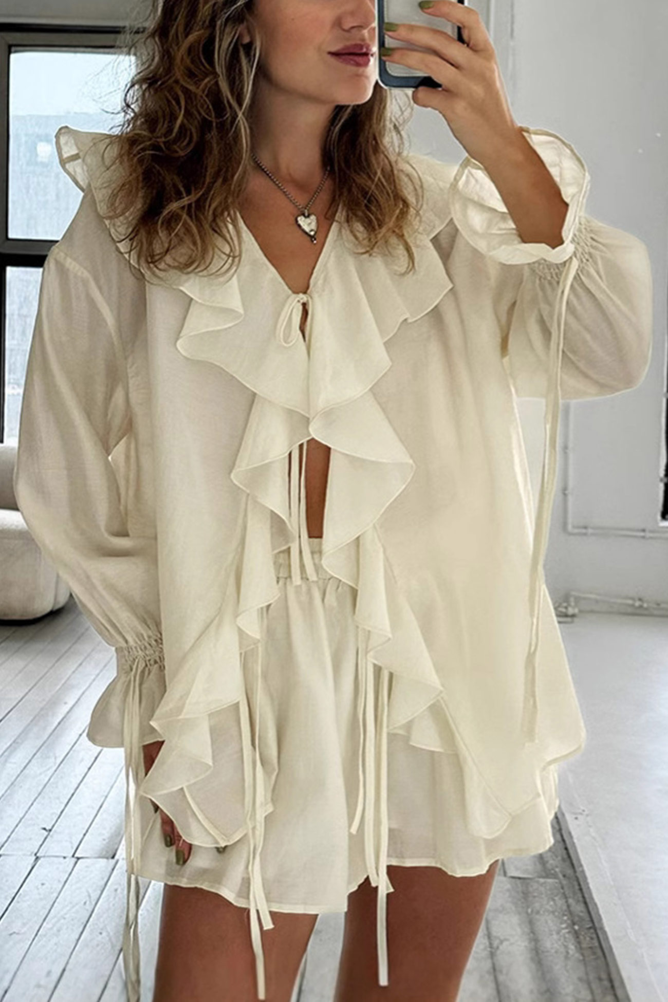 Ruffle Tie-up Sweet Shirt Set