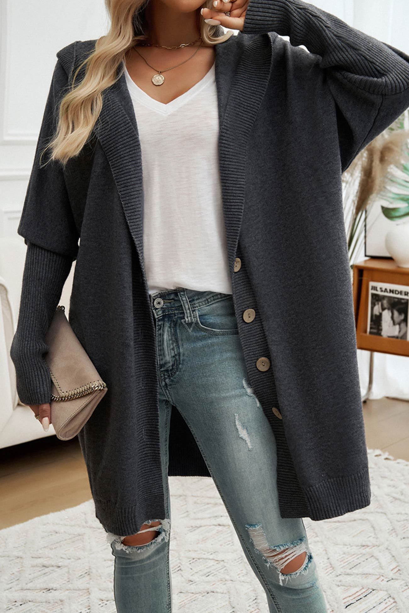Solid Color Single-breasted Hooded Cardigan