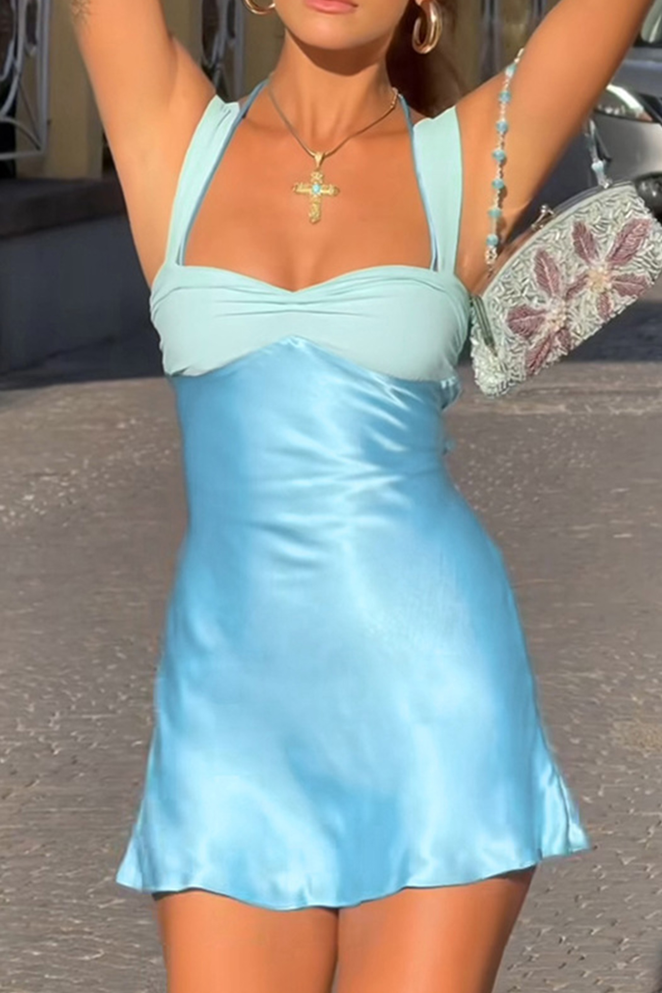 Satin Contrast Color Tie-up Cami Dress