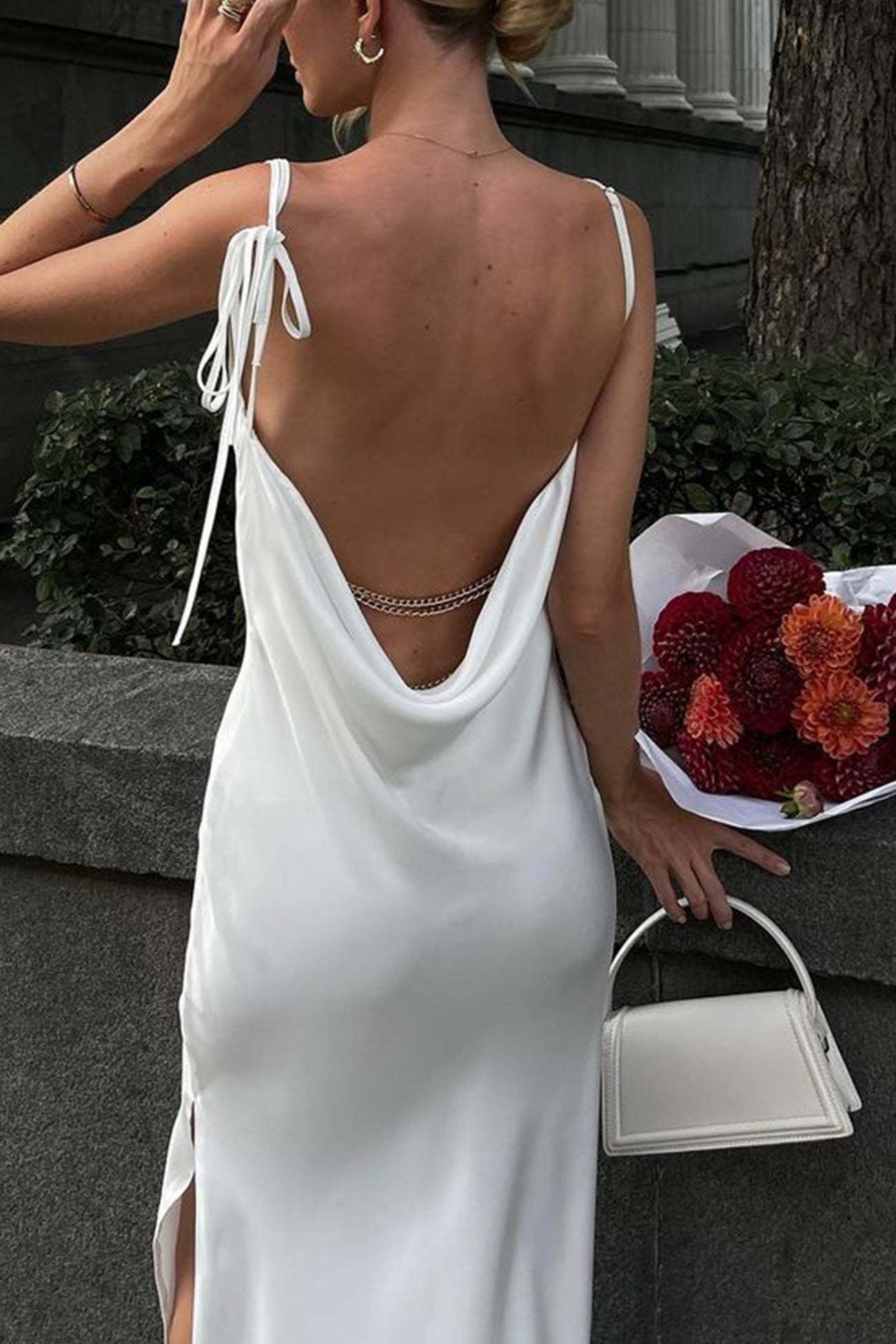 Satin Cowl Neck Tie-straps Slit Dress