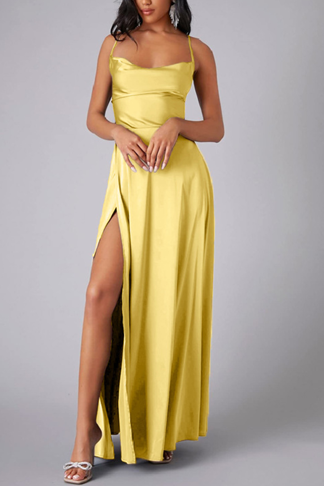 Satin Cowl Neck Tie-up Backless Slit Dress