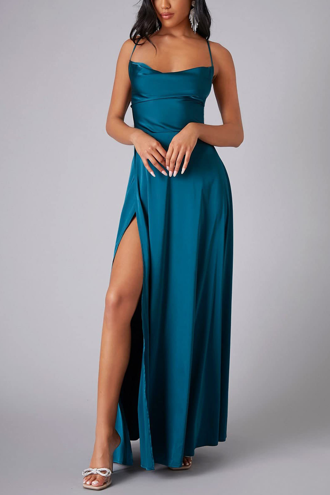 Satin Cowl Neck Tie-up Backless Slit Dress