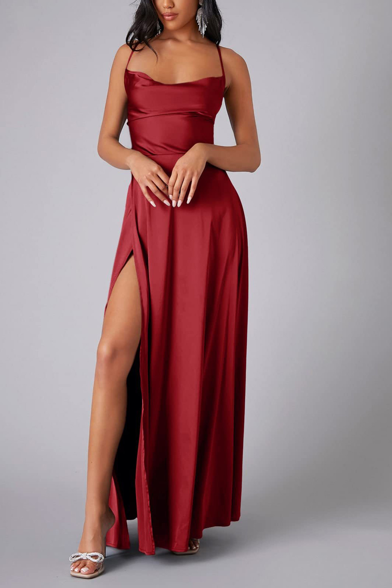 Satin Cowl Neck Tie-up Backless Slit Dress