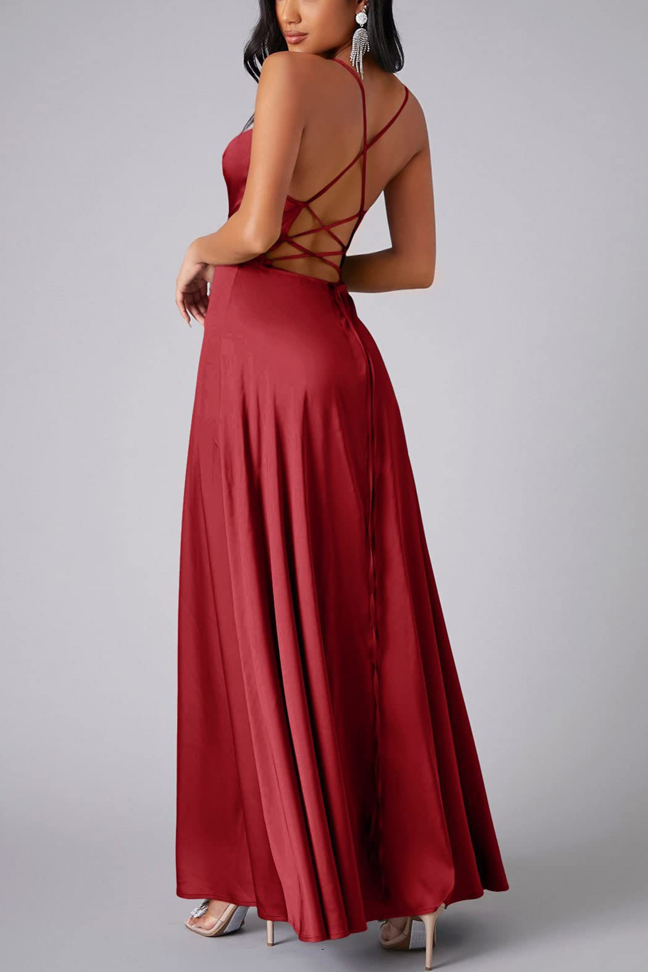 Satin Cowl Neck Tie-up Backless Slit Dress