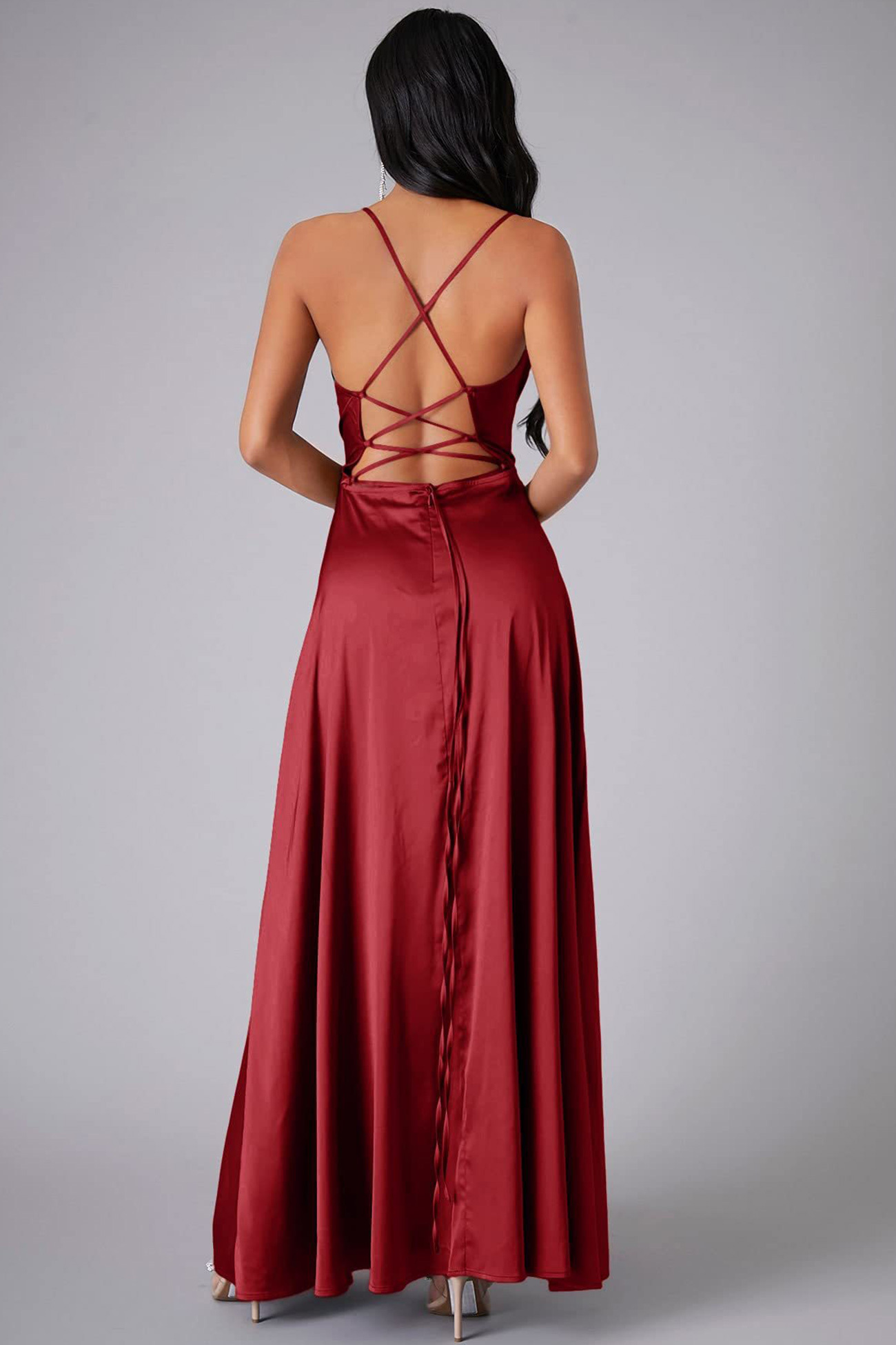 Satin Cowl Neck Tie-up Backless Slit Dress