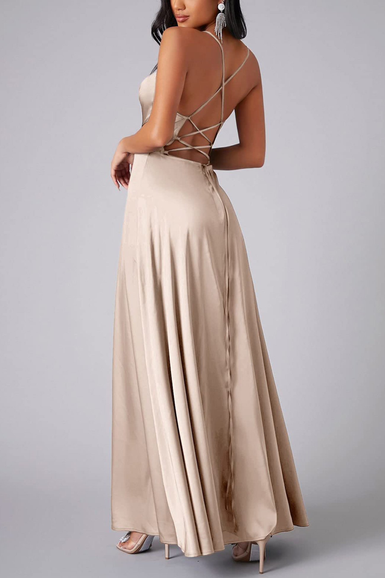 Satin Cowl Neck Tie-up Backless Slit Dress