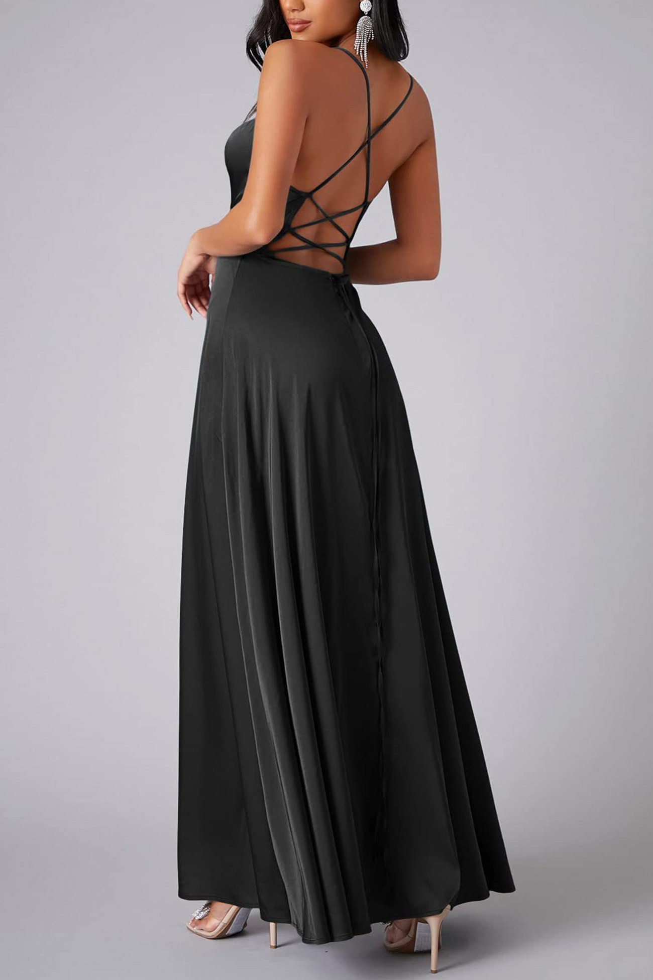Satin Cowl Neck Tie-up Backless Slit Dress