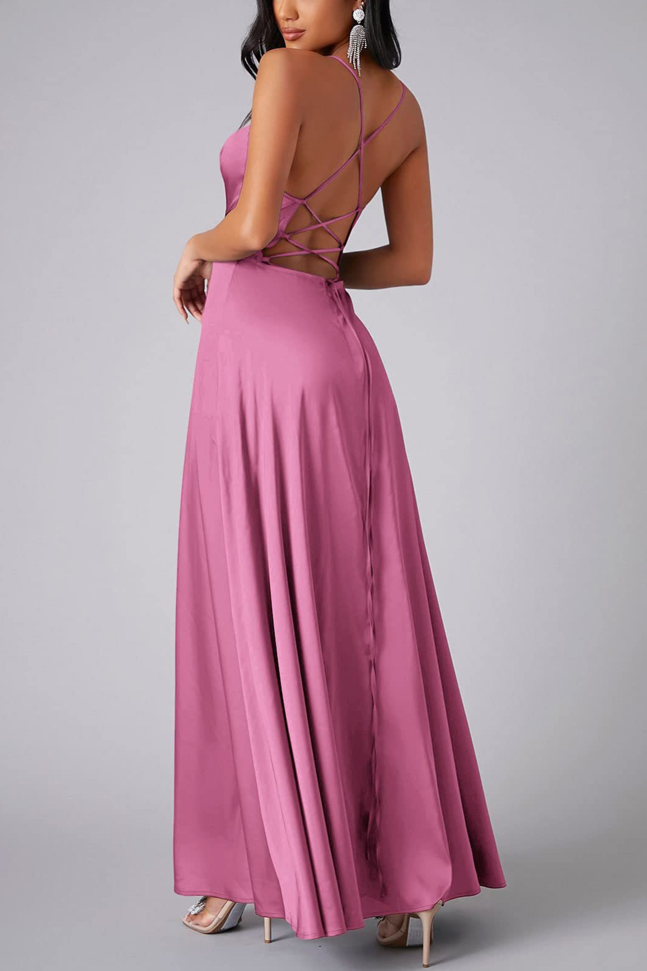 Satin Cowl Neck Tie-up Backless Slit Dress