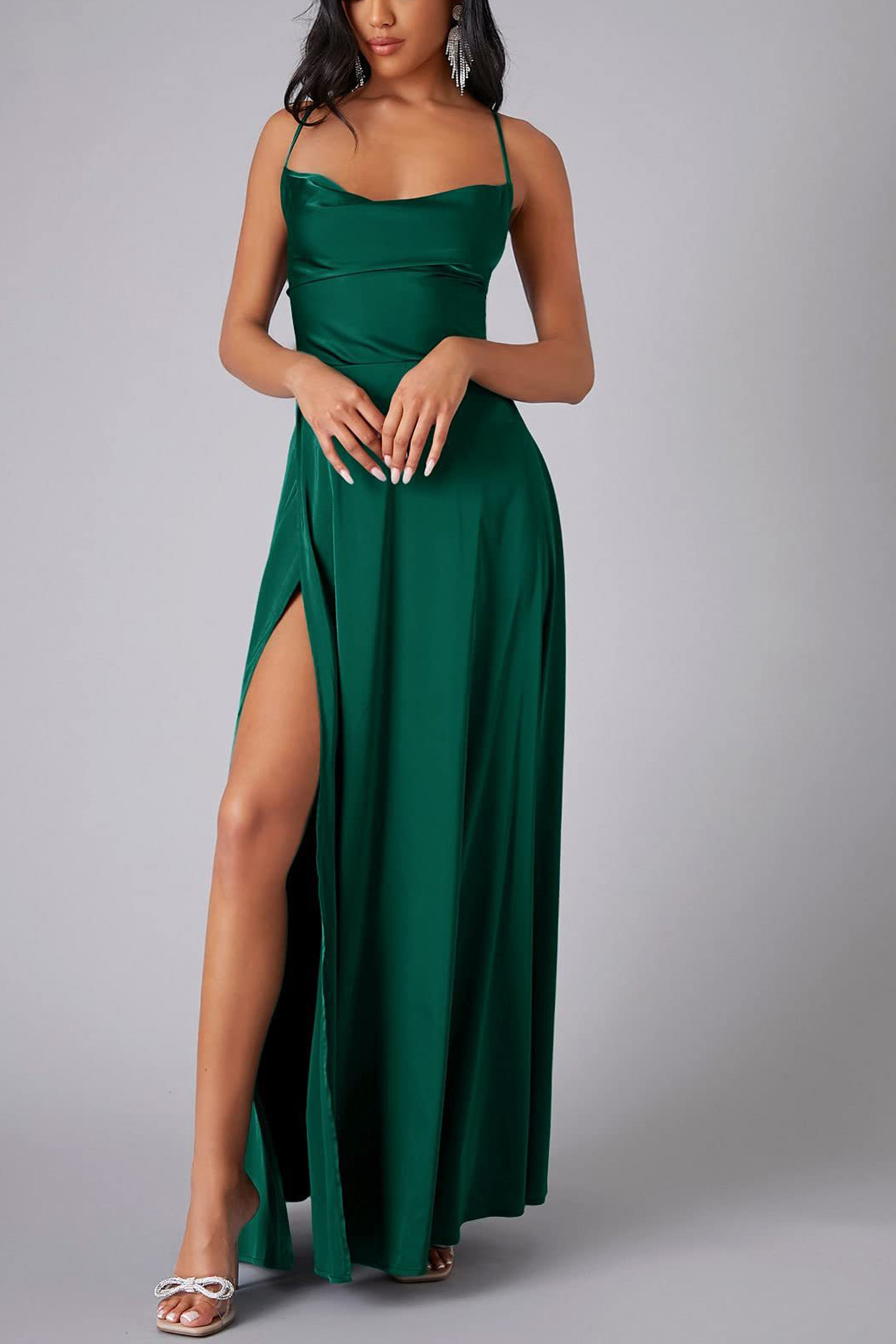 Satin Cowl Neck Tie-up Backless Slit Dress