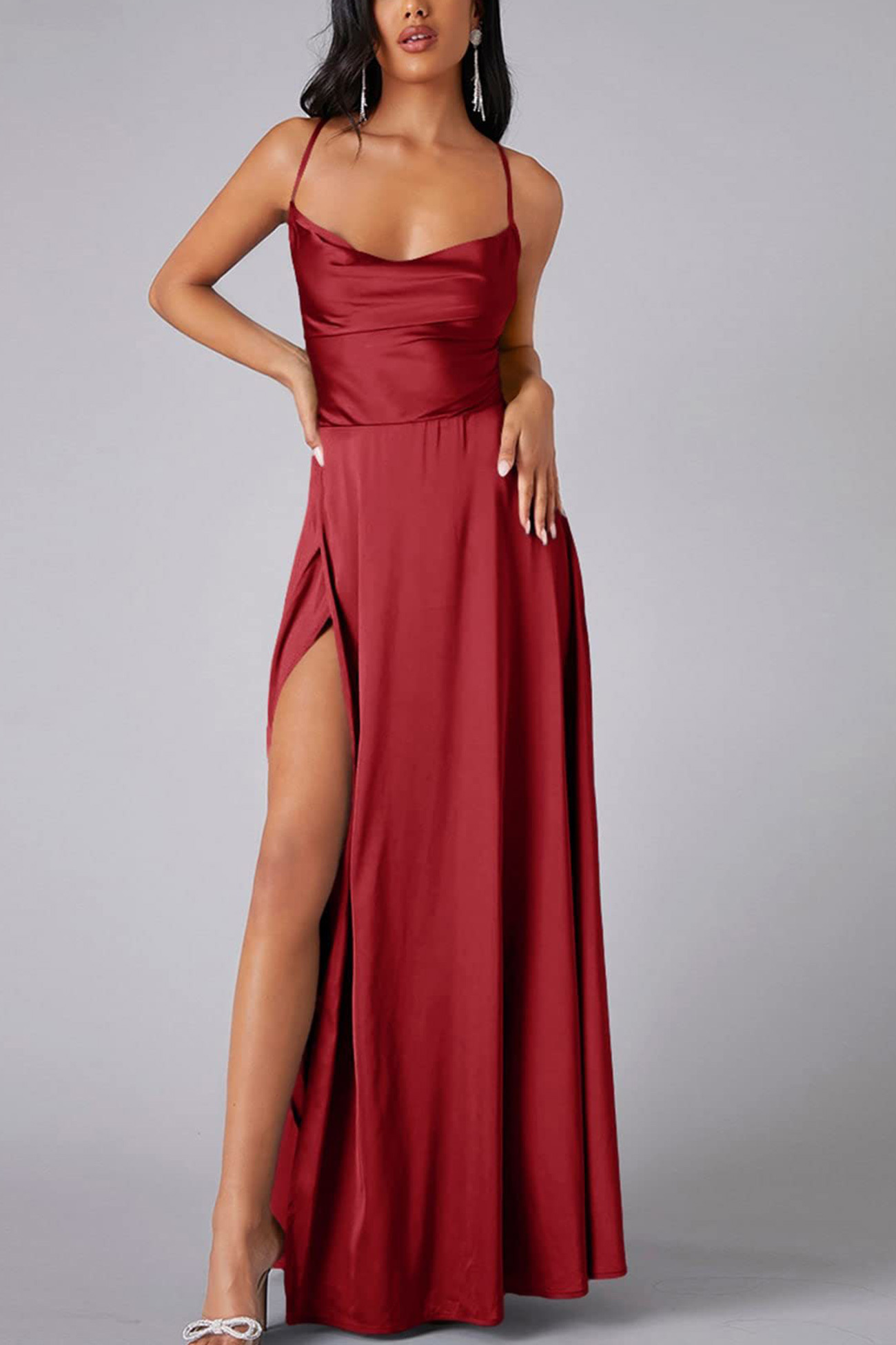 Satin Cowl Neck Tie-up Backless Slit Dress
