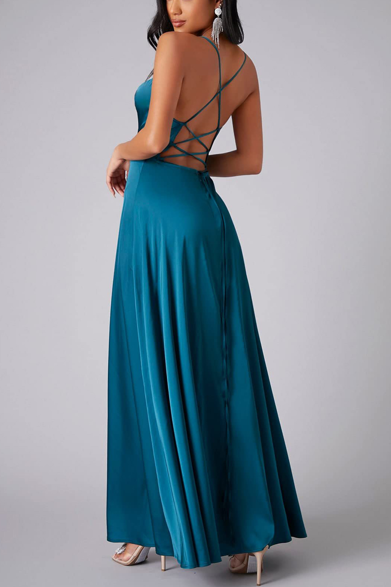 Satin Cowl Neck Tie-up Backless Slit Dress