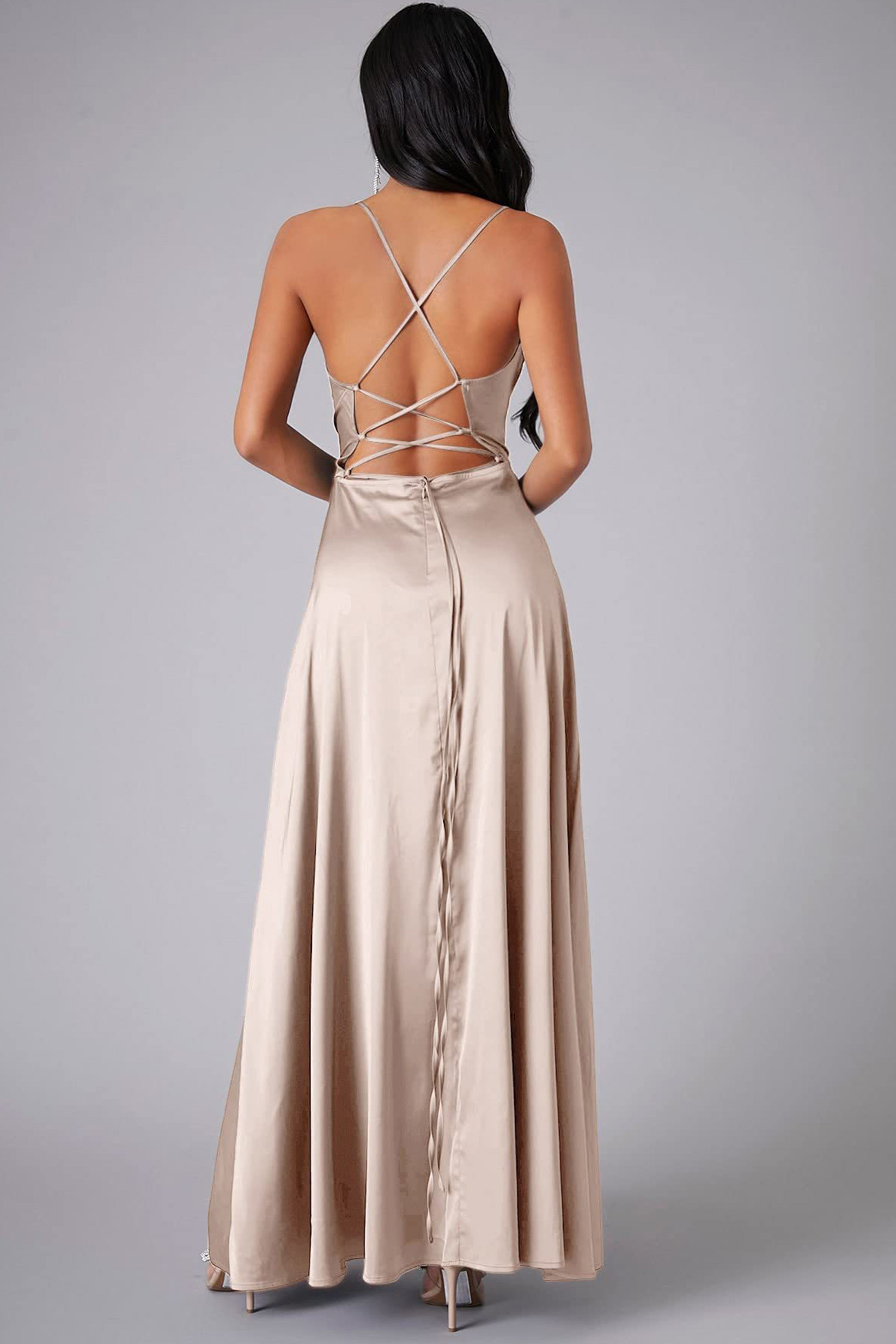 Satin Cowl Neck Tie-up Backless Slit Dress