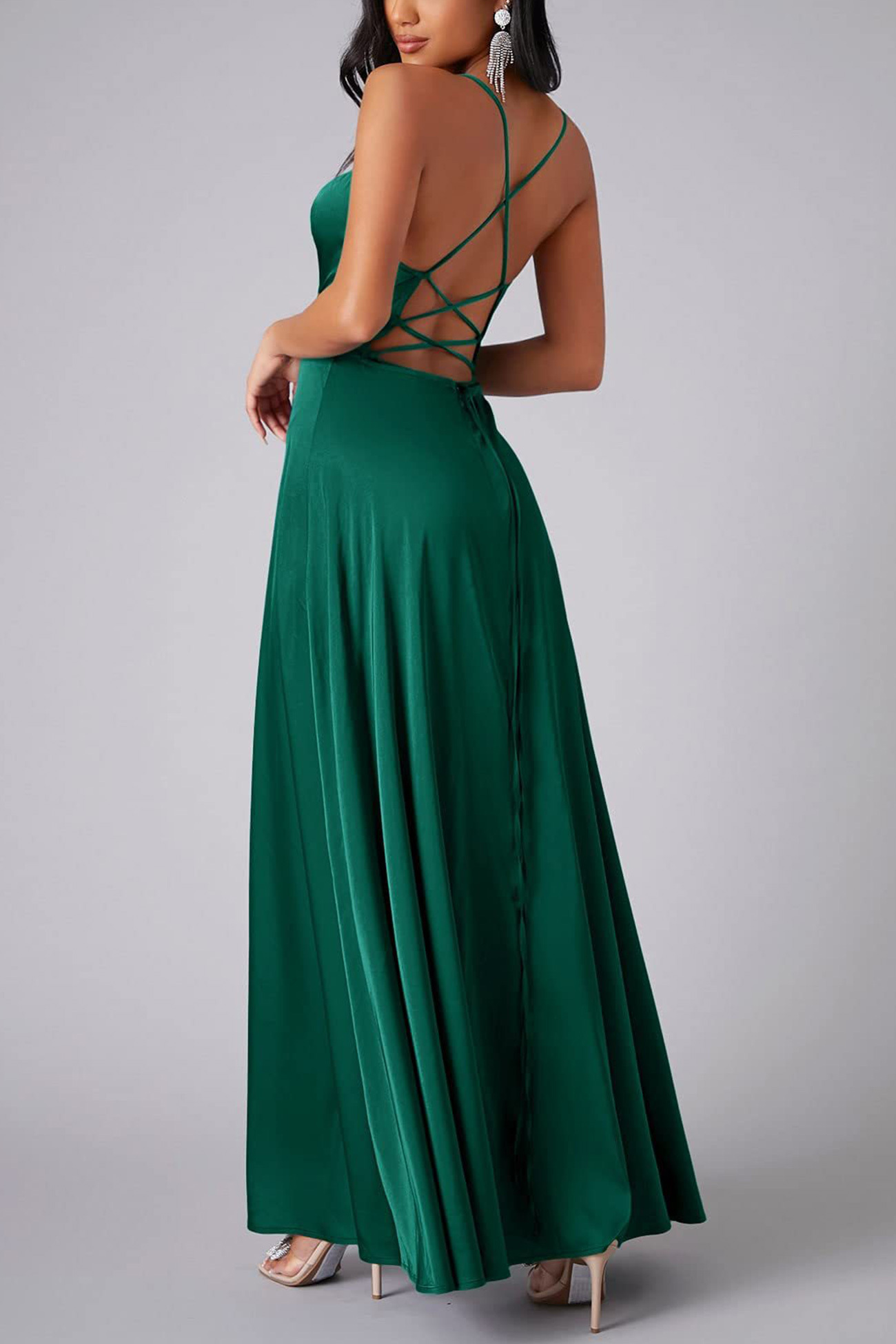 Satin Cowl Neck Tie-up Backless Slit Dress