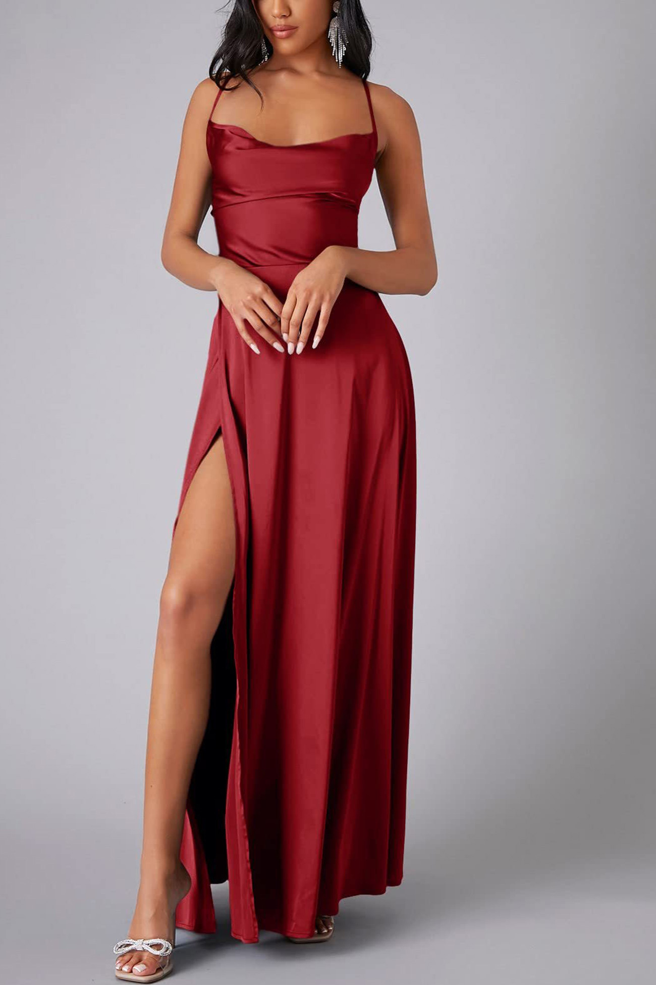 Satin Cowl Neck Tie-up Backless Slit Dress