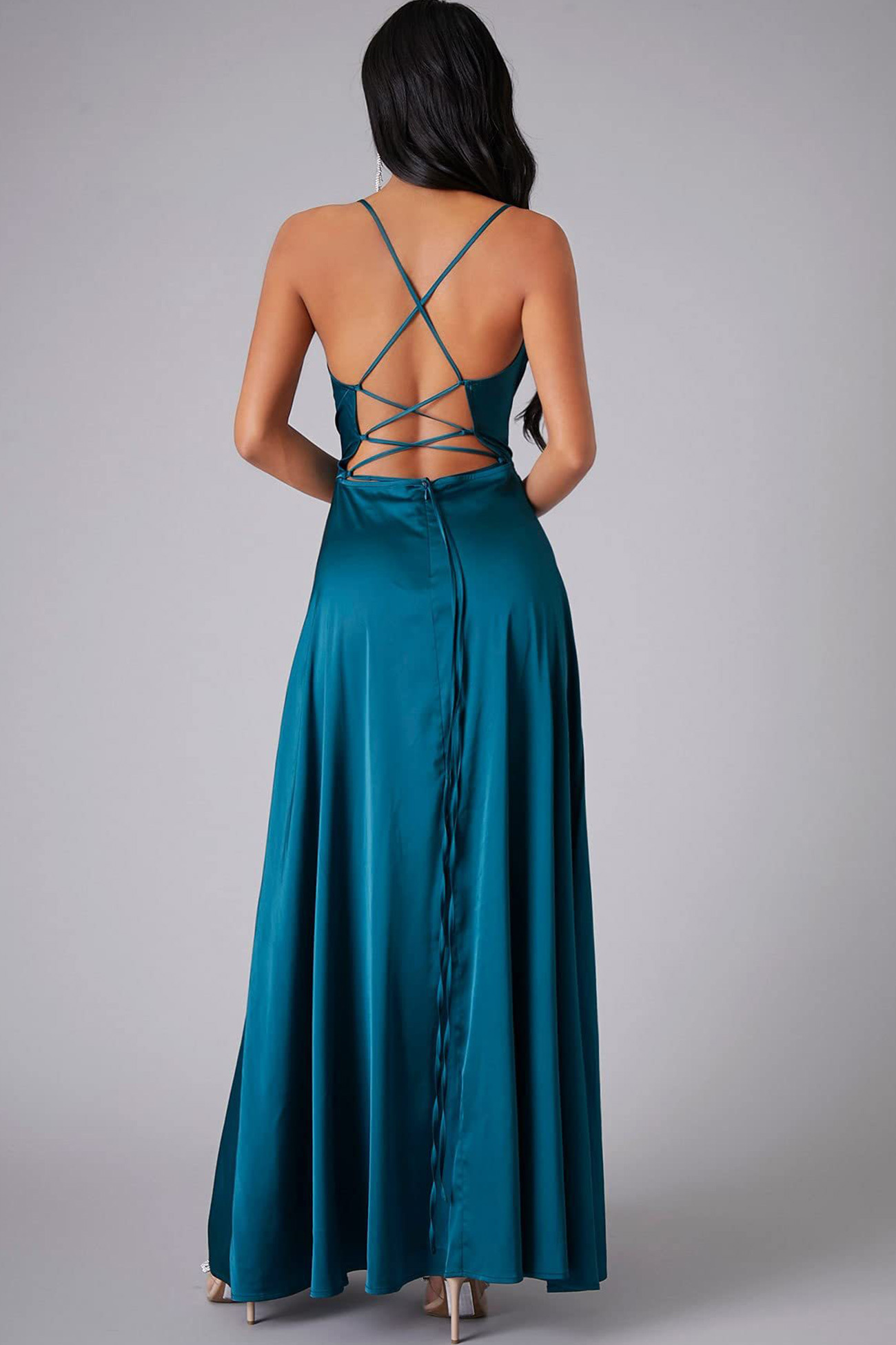 Satin Cowl Neck Tie-up Backless Slit Dress