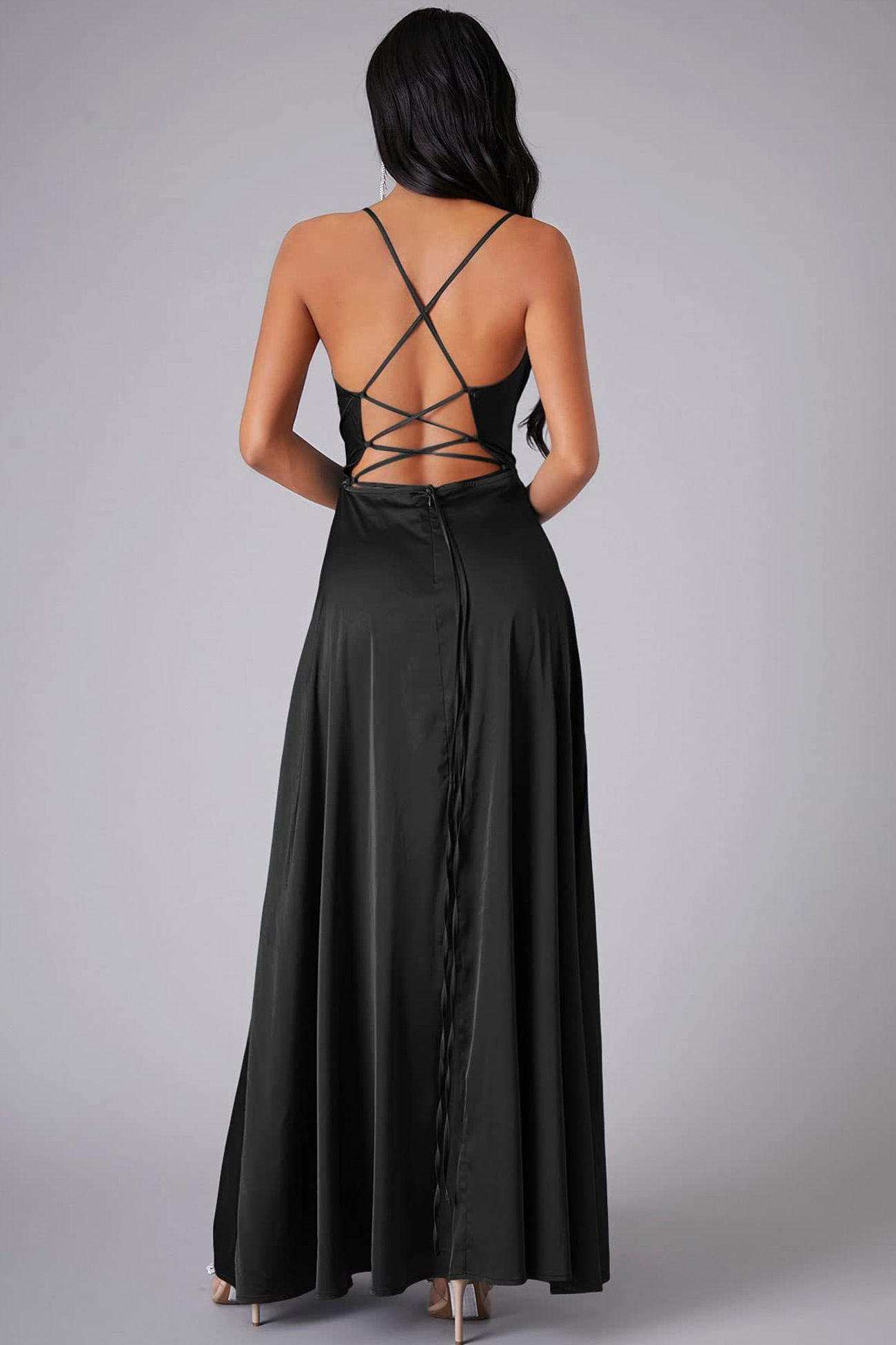 Satin Cowl Neck Tie-up Backless Slit Dress