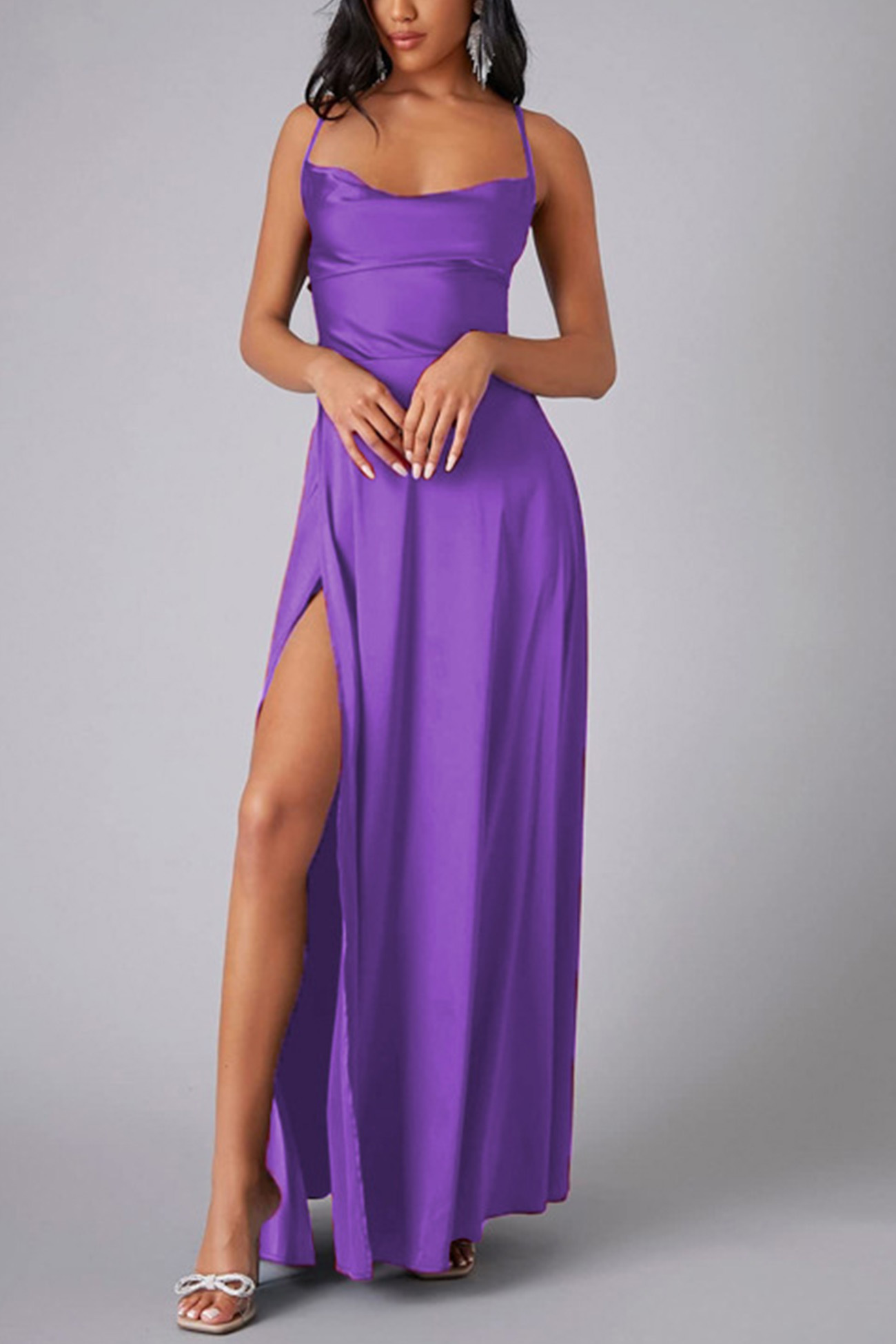 Satin Cowl Neck Tie-up Backless Slit Dress