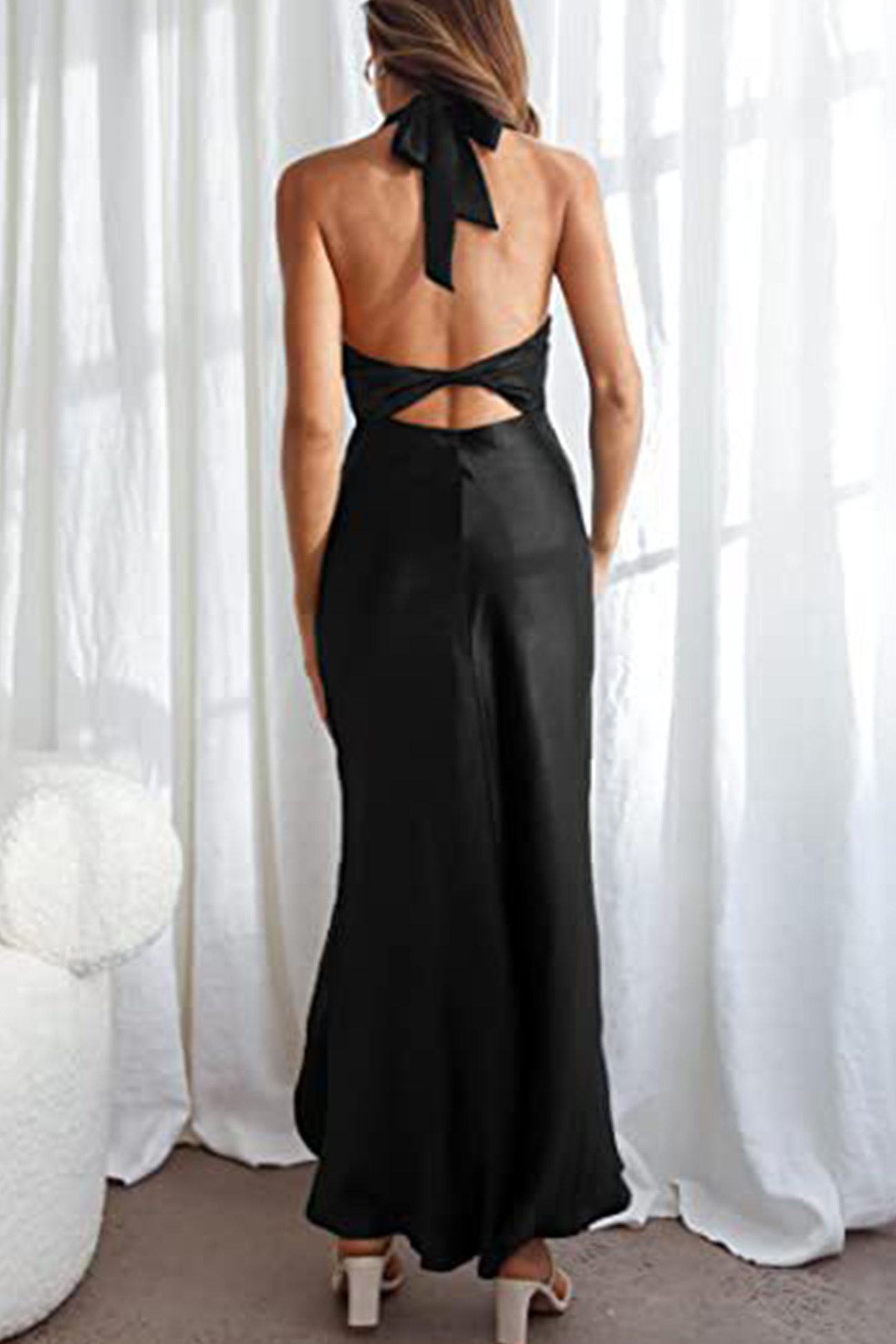 Satin Halter Backless Slit Dress