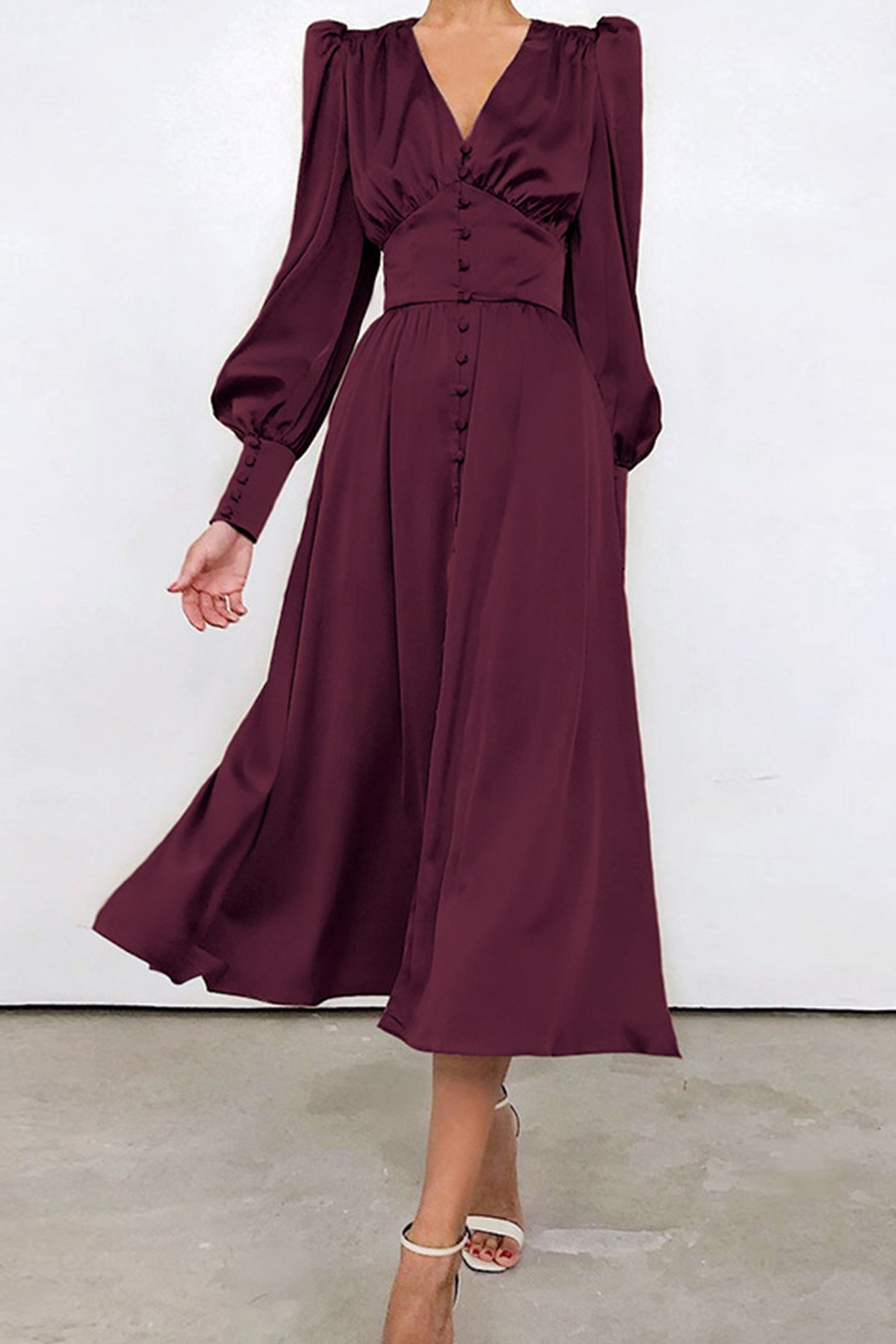 Satin Puff Sleeve Single-breasted Midi Dress
