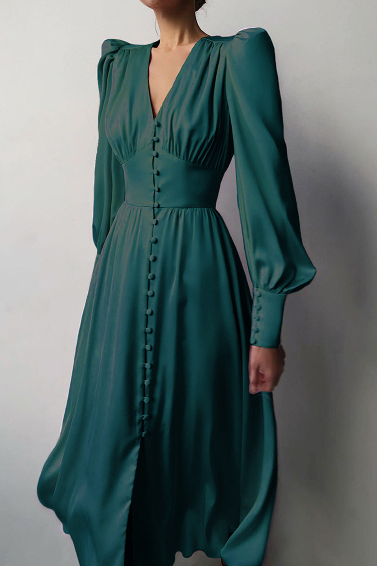 Satin Puff Sleeve Single-breasted Midi Dress