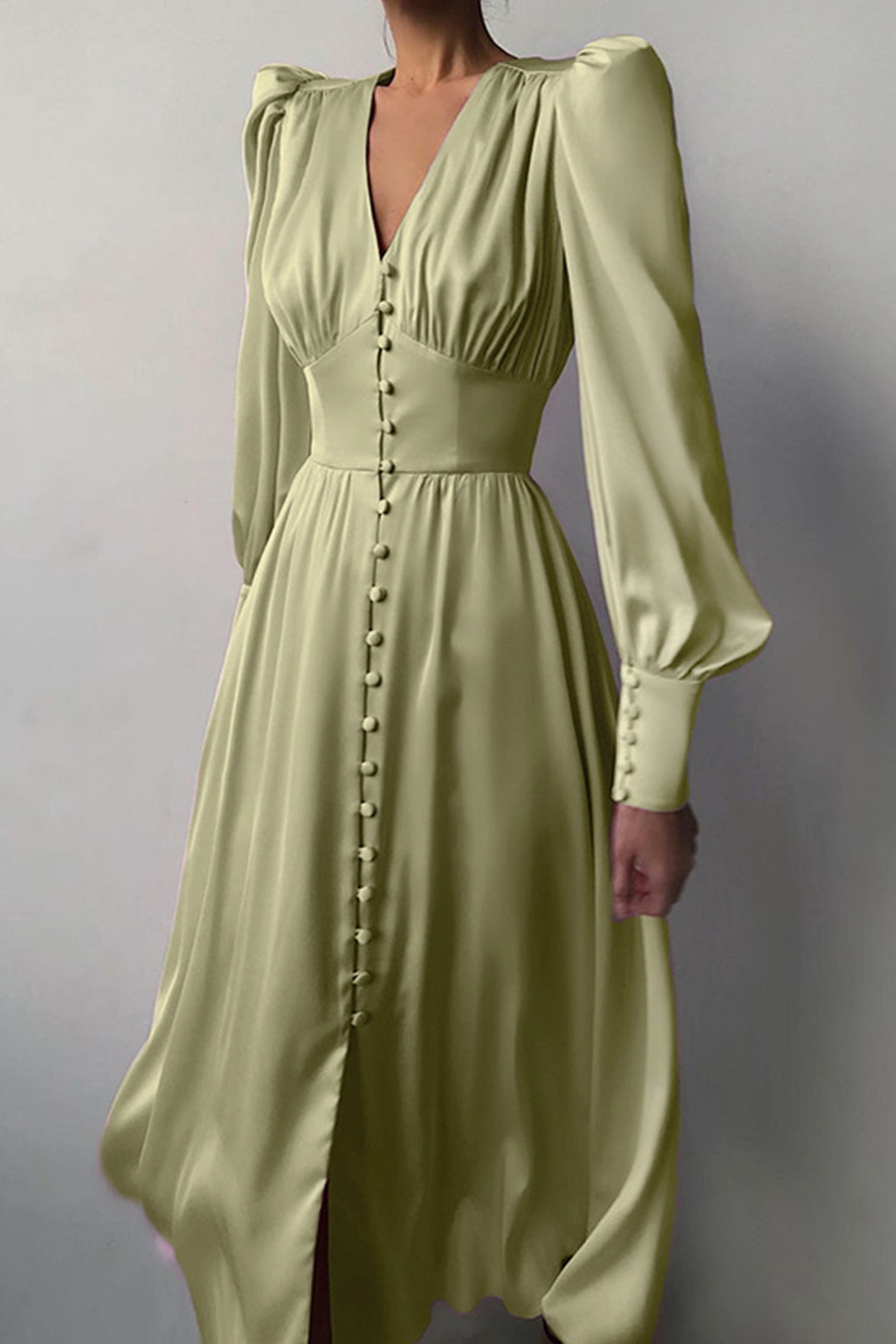 Satin Puff Sleeve Single-breasted Midi Dress