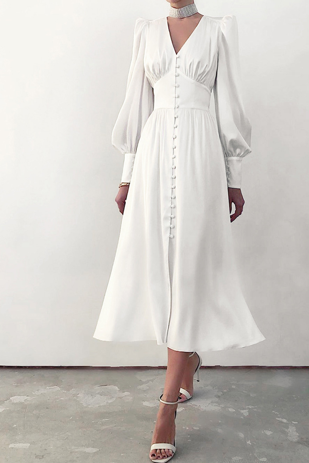Satin Puff Sleeve Single-breasted Midi Dress